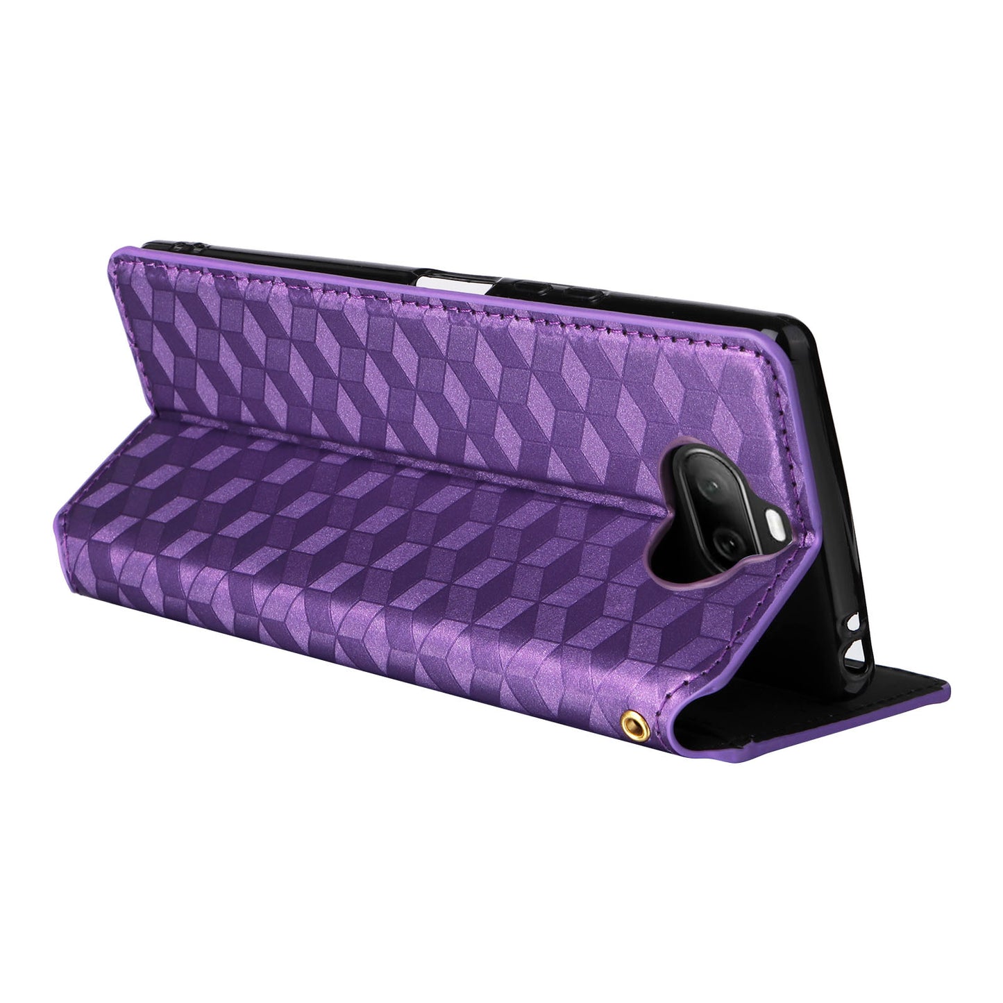 Rhombus Imprinted Cover for Sony Xperia 8 Flip Stand PU Leather Wallet Phone Case - Purple