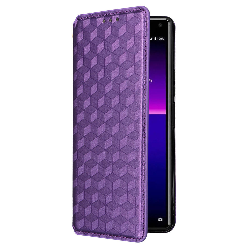Rhombus Imprinted Cover for Sony Xperia 8 Flip Stand PU Leather Wallet Phone Case - Purple