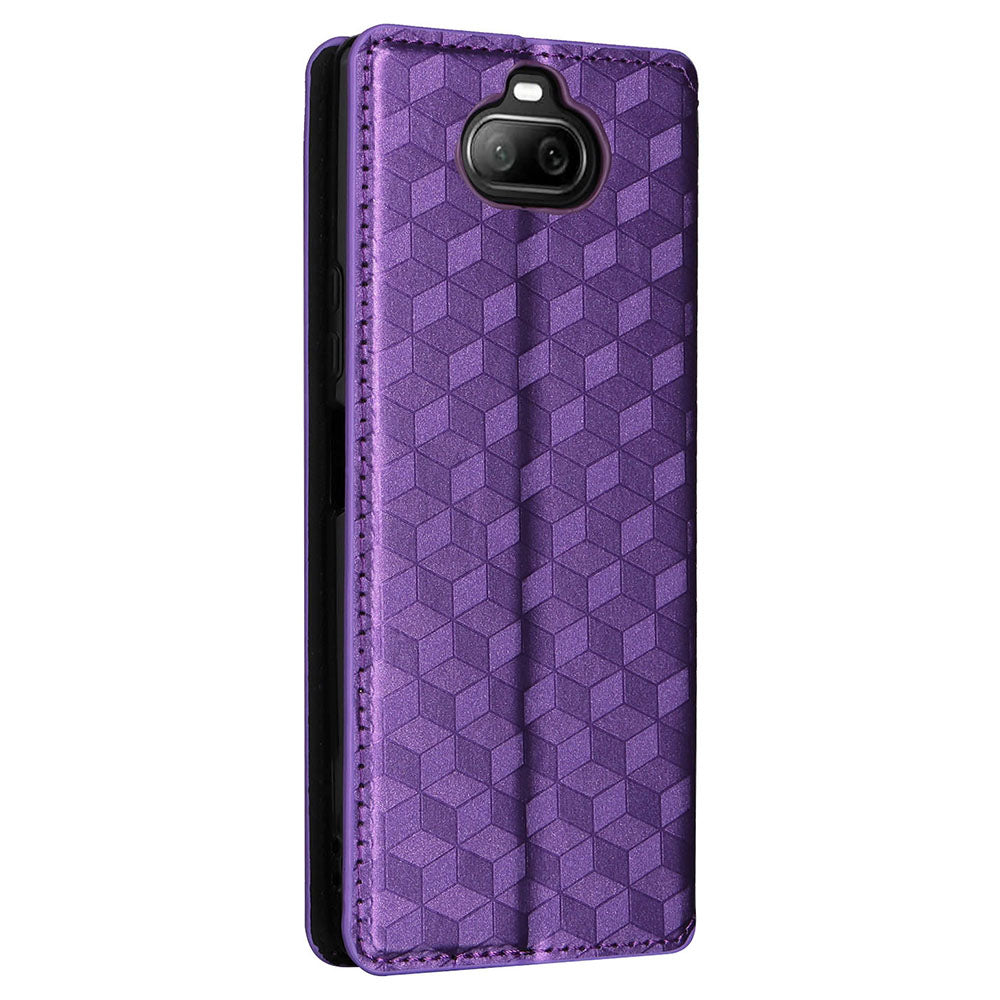 Rhombus Imprinted Cover for Sony Xperia 8 Flip Stand PU Leather Wallet Phone Case - Purple