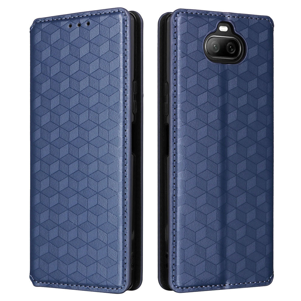 Rhombus Imprinted Cover for Sony Xperia 8 Flip Stand PU Leather Wallet Phone Case - Blue