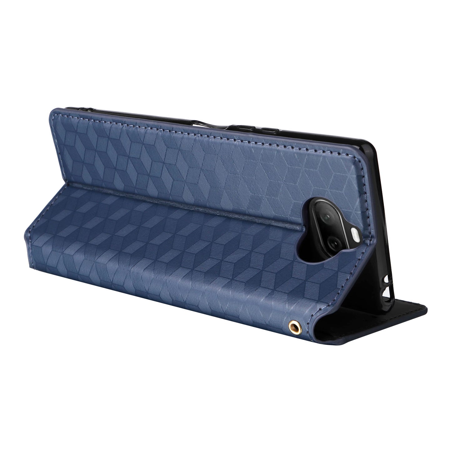 Rhombus Imprinted Cover for Sony Xperia 8 Flip Stand PU Leather Wallet Phone Case - Blue