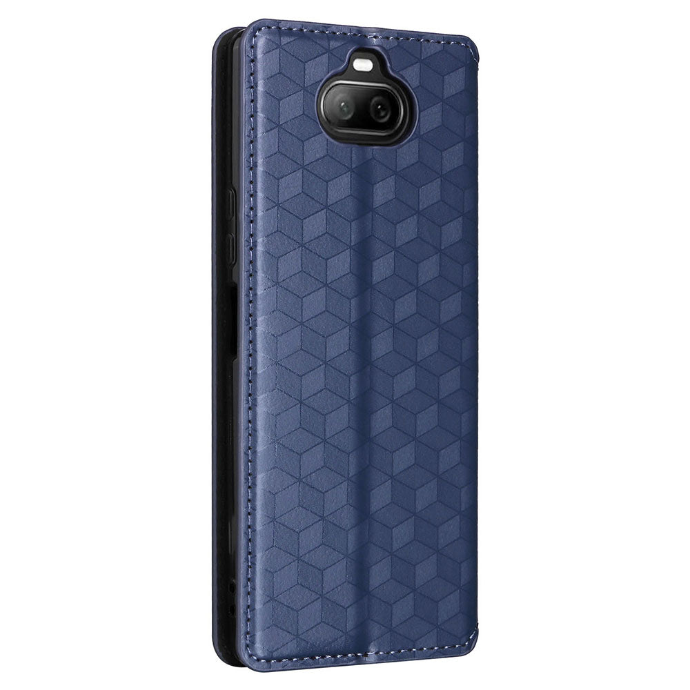 Rhombus Imprinted Cover for Sony Xperia 8 Flip Stand PU Leather Wallet Phone Case - Blue