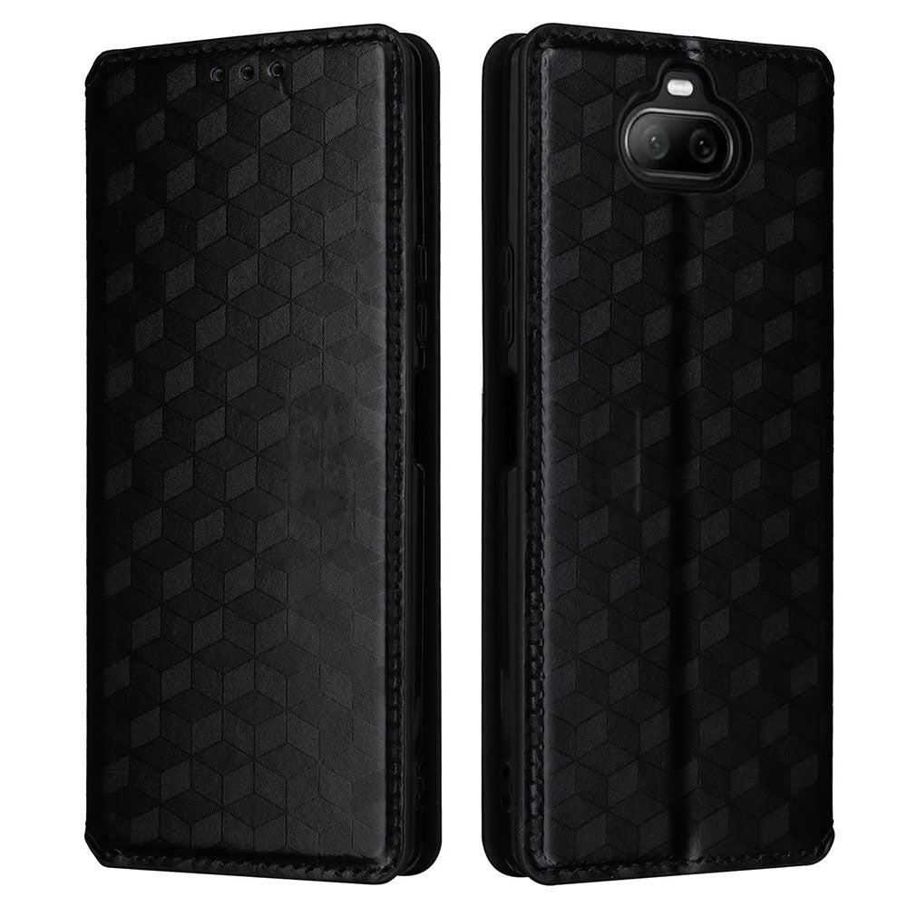 Rhombus Imprinted Cover for Sony Xperia 8 Flip Stand PU Leather Wallet Phone Case - Black