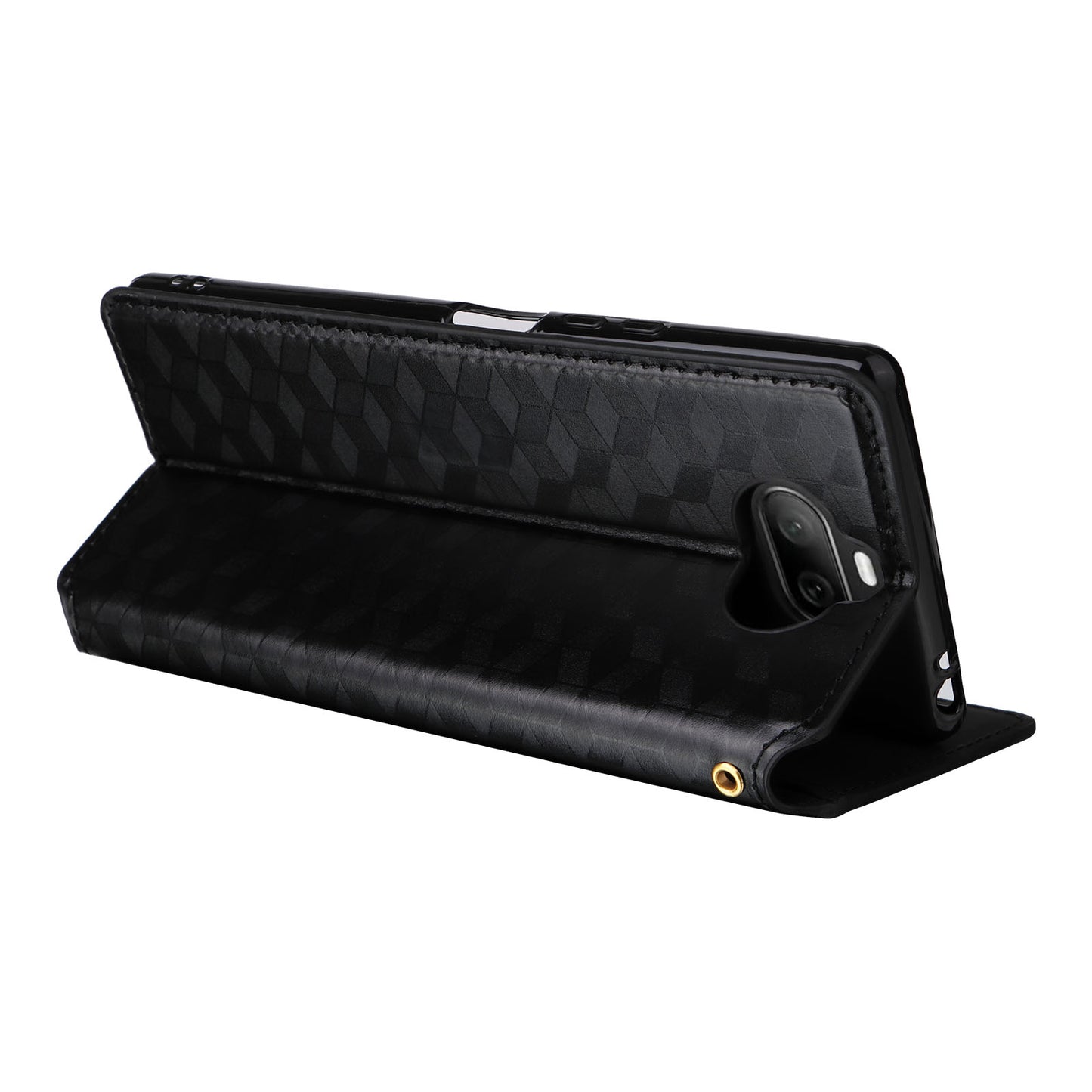 Rhombus Imprinted Cover for Sony Xperia 8 Flip Stand PU Leather Wallet Phone Case - Black