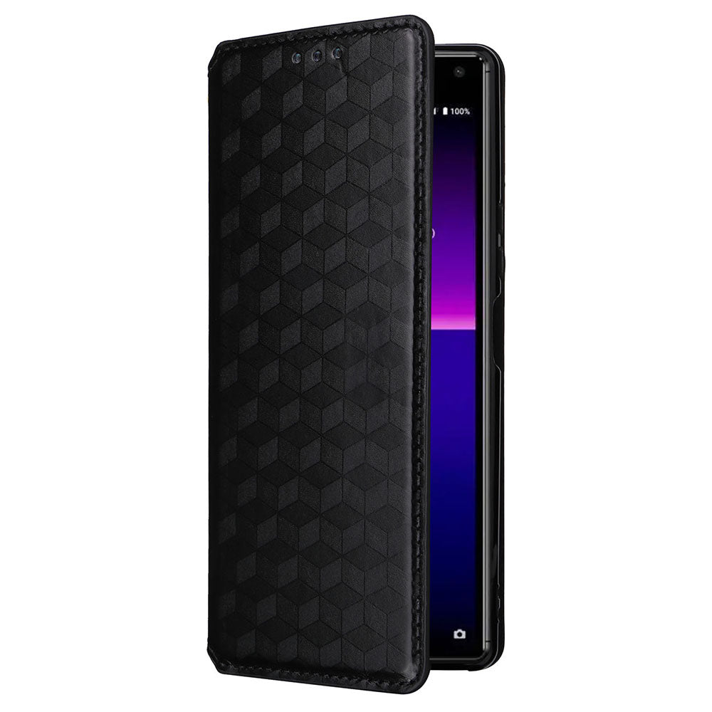 Rhombus Imprinted Cover for Sony Xperia 8 Flip Stand PU Leather Wallet Phone Case - Black
