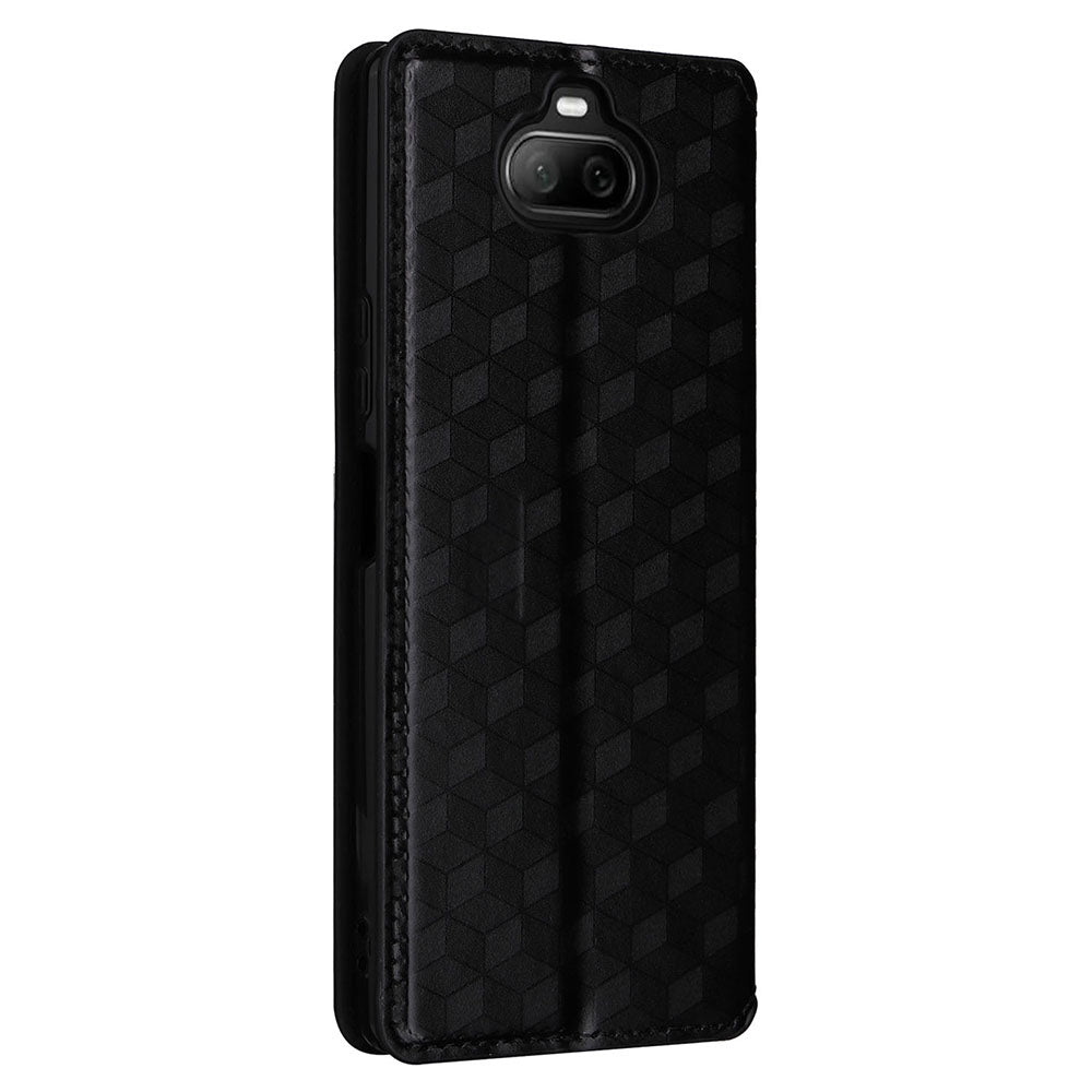 Rhombus Imprinted Cover for Sony Xperia 8 Flip Stand PU Leather Wallet Phone Case - Black