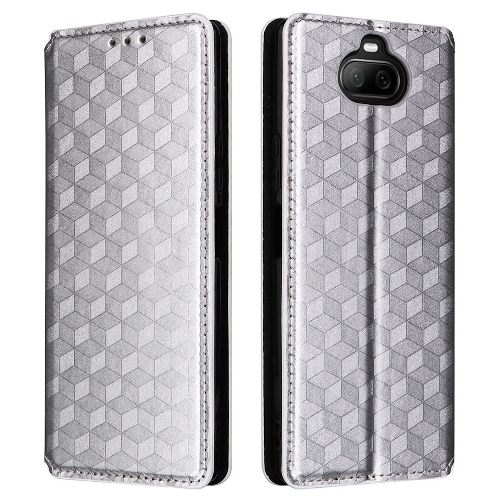 Rhombus Imprinted Cover for Sony Xperia 8 Flip Stand PU Leather Wallet Phone Case - Silver