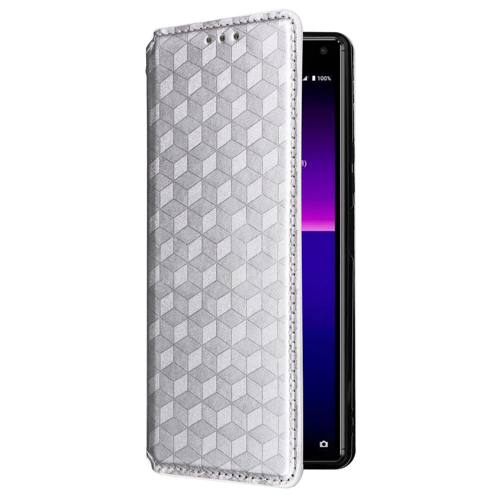 Rhombus Imprinted Cover for Sony Xperia 8 Flip Stand PU Leather Wallet Phone Case - Silver