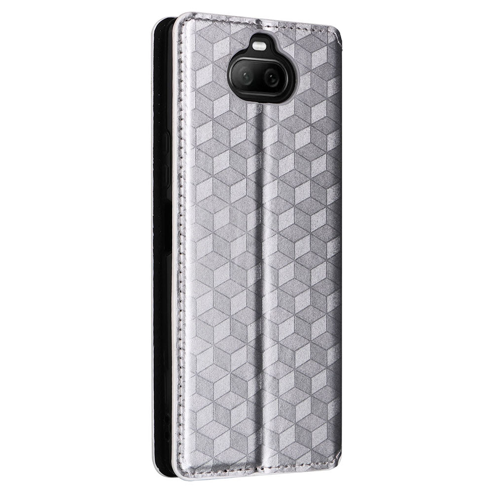 Rhombus Imprinted Cover for Sony Xperia 8 Flip Stand PU Leather Wallet Phone Case - Silver
