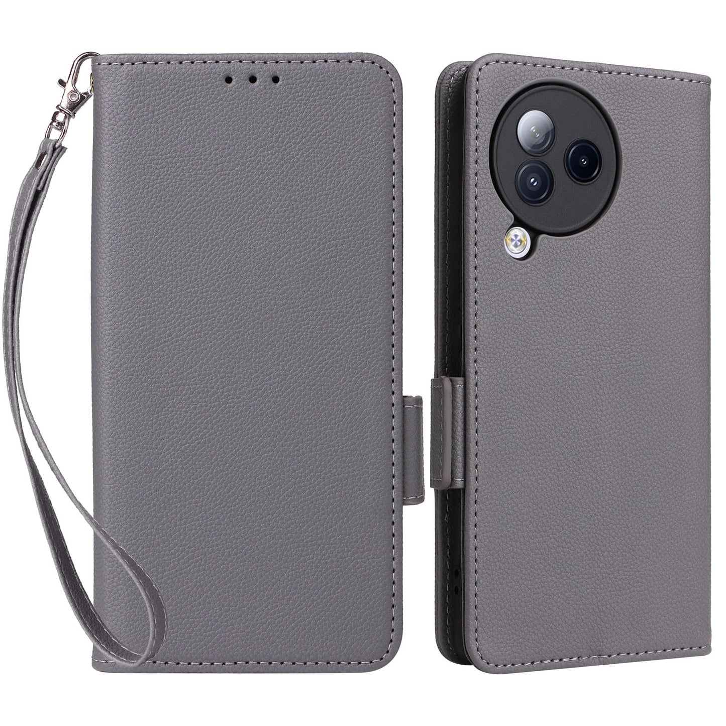 Uniqkart for Xiaomi Civi 3 5G Wallet Case PU Leather Litchi Texture Stand Protective Cover with Hand Strap - Grey
