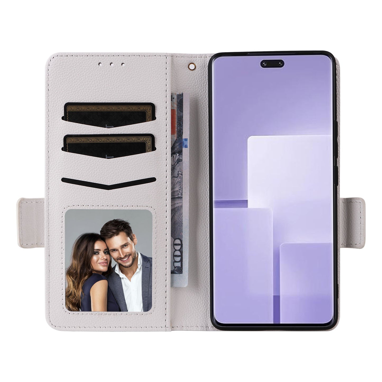 Uniqkart for Xiaomi Civi 3 5G Wallet Case PU Leather Litchi Texture Stand Protective Cover with Hand Strap - White