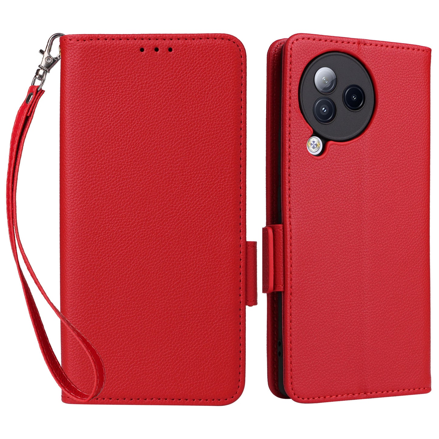 Uniqkart for Xiaomi Civi 3 5G Wallet Case PU Leather Litchi Texture Stand Protective Cover with Hand Strap - Red