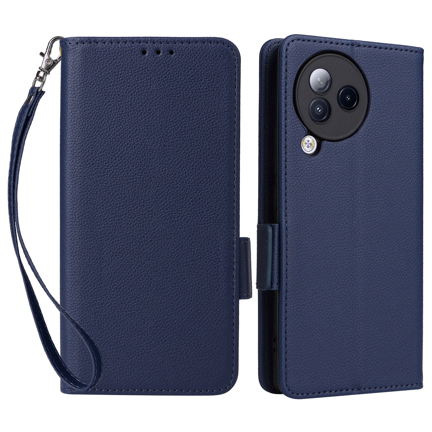Uniqkart for Xiaomi Civi 3 5G Wallet Case PU Leather Litchi Texture Stand Protective Cover with Hand Strap - Dark Blue