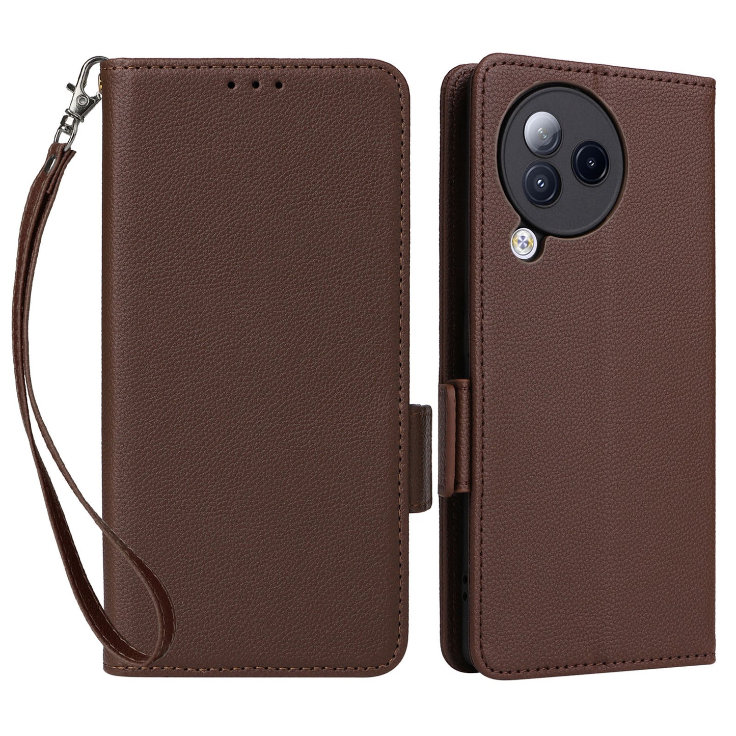 Uniqkart for Xiaomi Civi 3 5G Wallet Case PU Leather Litchi Texture Stand Protective Cover with Hand Strap - Brown