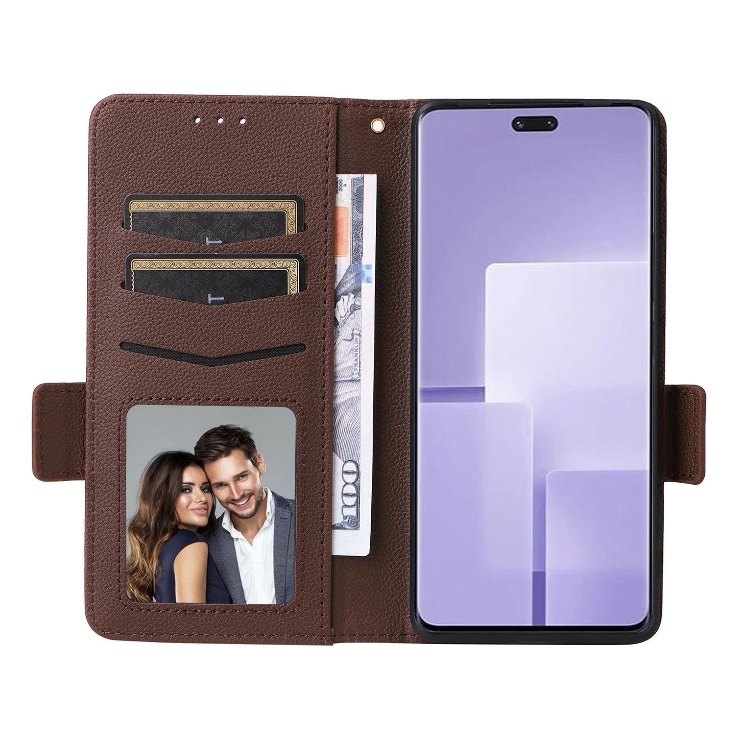 Uniqkart for Xiaomi Civi 3 5G Wallet Case PU Leather Litchi Texture Stand Protective Cover with Hand Strap - Brown