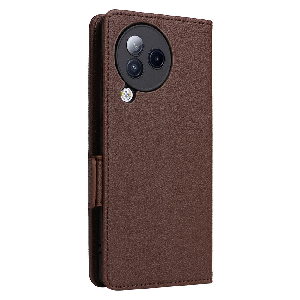 Uniqkart for Xiaomi Civi 3 5G Wallet Case PU Leather Litchi Texture Stand Protective Cover with Hand Strap - Brown