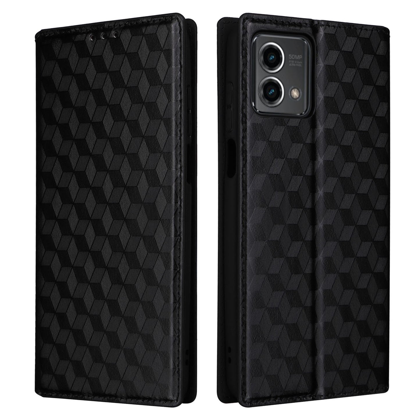 PU Leather Wallet Cover for Motorola Moto G Stylus (2023) Rhombus Imprinted Stand Phone Case - Black