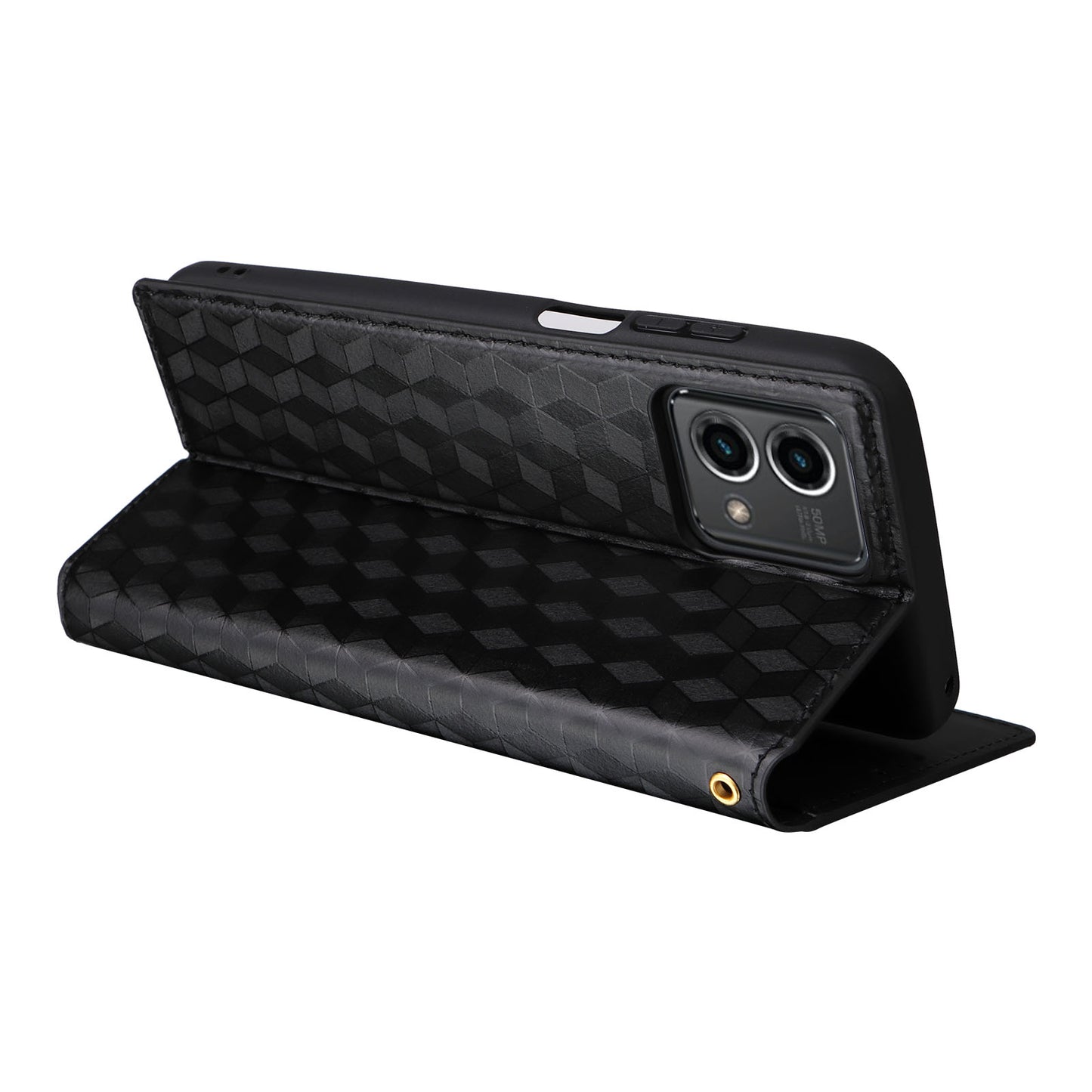 PU Leather Wallet Cover for Motorola Moto G Stylus (2023) Rhombus Imprinted Stand Phone Case - Black