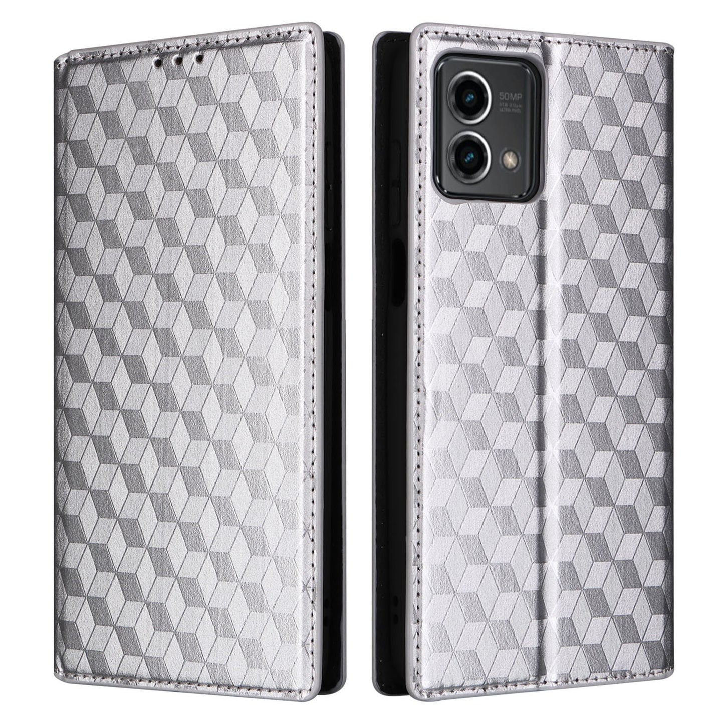 PU Leather Wallet Cover for Motorola Moto G Stylus (2023) Rhombus Imprinted Stand Phone Case - Silver
