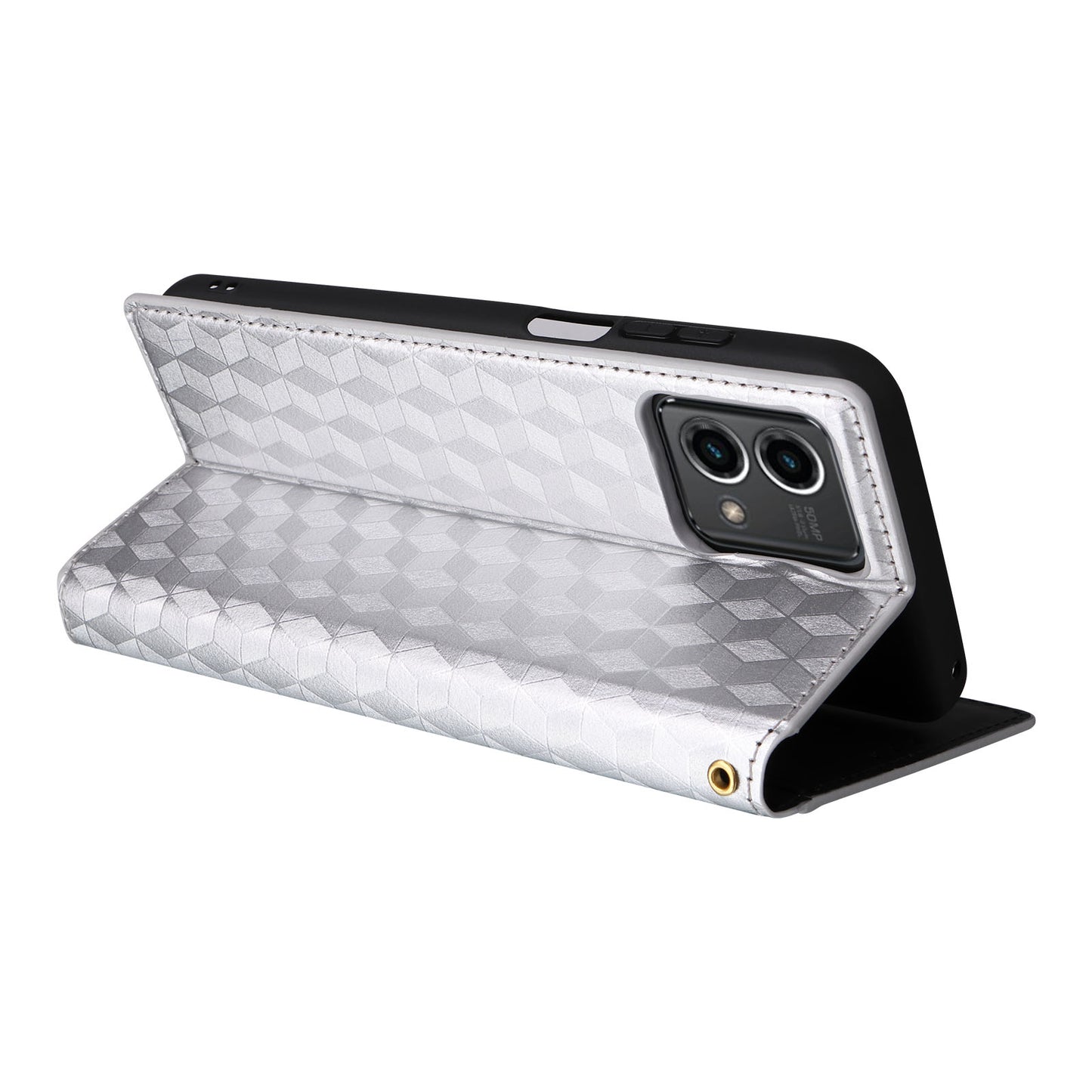 PU Leather Wallet Cover for Motorola Moto G Stylus (2023) Rhombus Imprinted Stand Phone Case - Silver