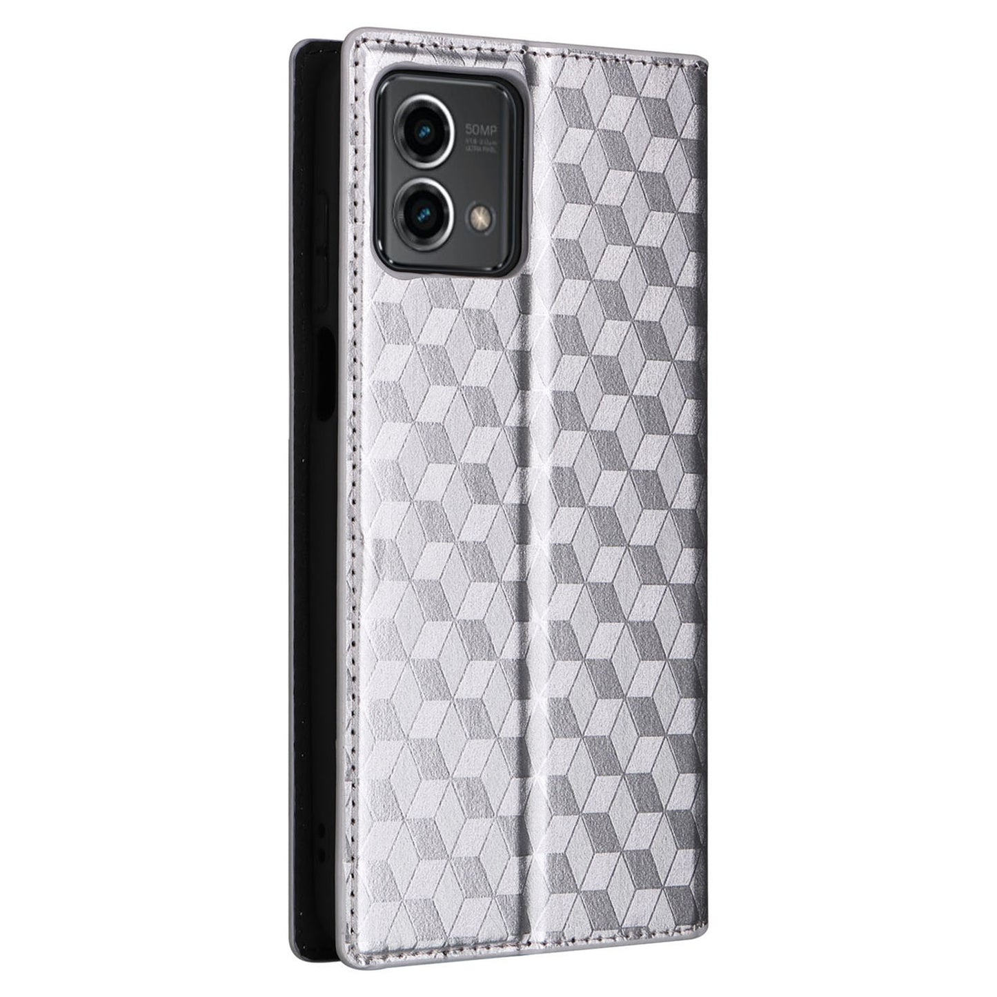 PU Leather Wallet Cover for Motorola Moto G Stylus (2023) Rhombus Imprinted Stand Phone Case - Silver