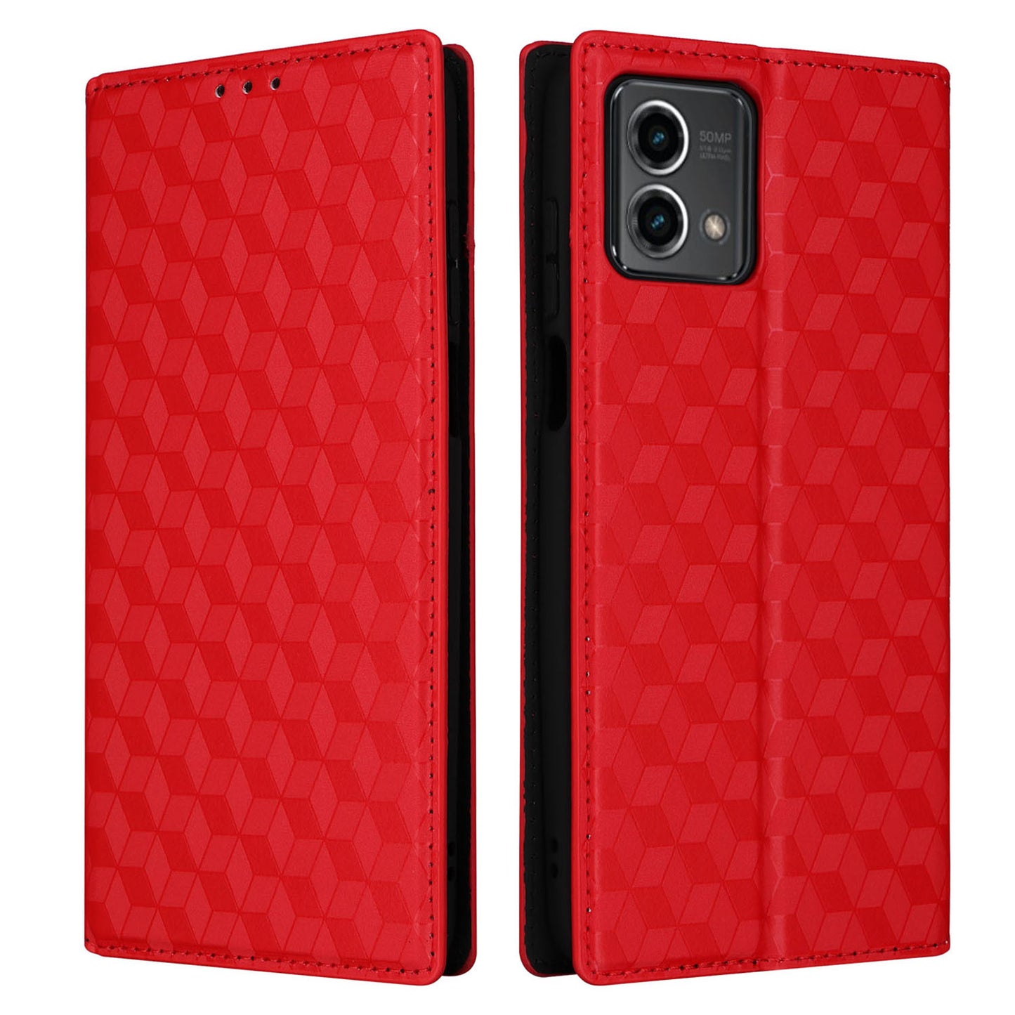 PU Leather Wallet Cover for Motorola Moto G Stylus (2023) Rhombus Imprinted Stand Phone Case - Red