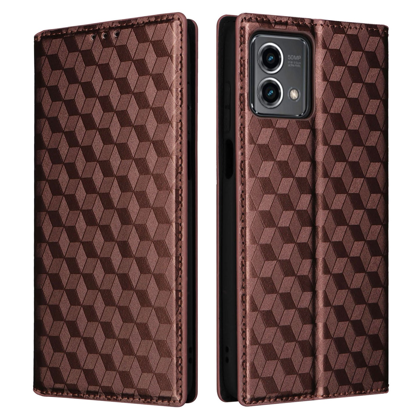 PU Leather Wallet Cover for Motorola Moto G Stylus (2023) Rhombus Imprinted Stand Phone Case - Brown