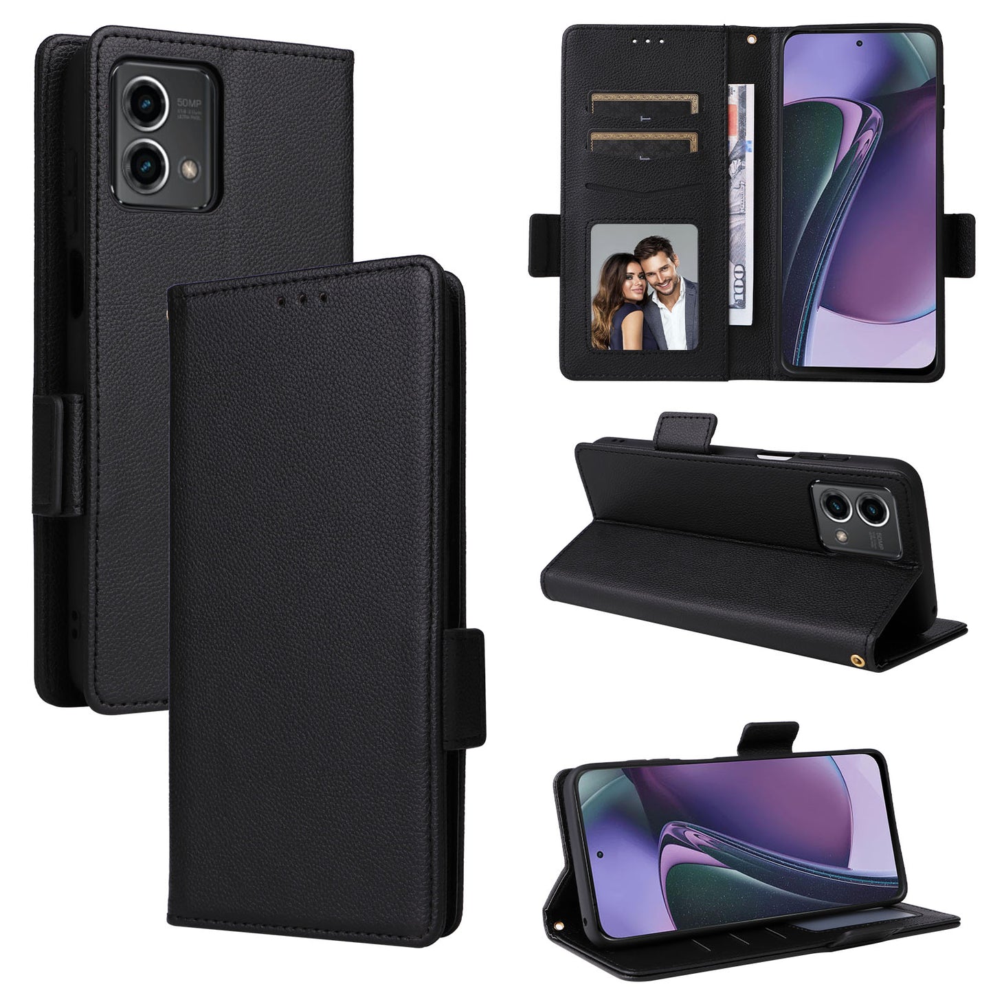 Phone Case for Motorola Moto G Stylus (2023) Litchi Texture PU Leather Wallet Stand Cover - Black