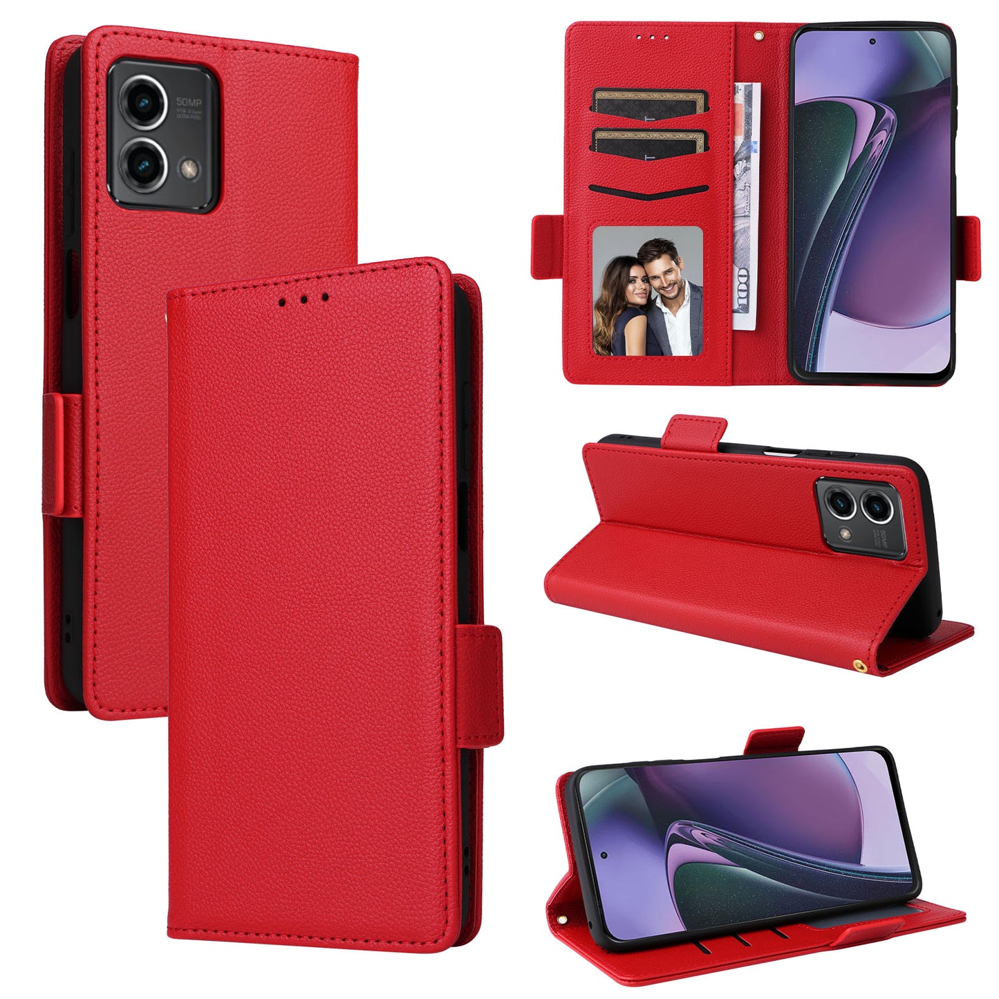 Phone Case for Motorola Moto G Stylus (2023) Litchi Texture PU Leather Wallet Stand Cover - Red