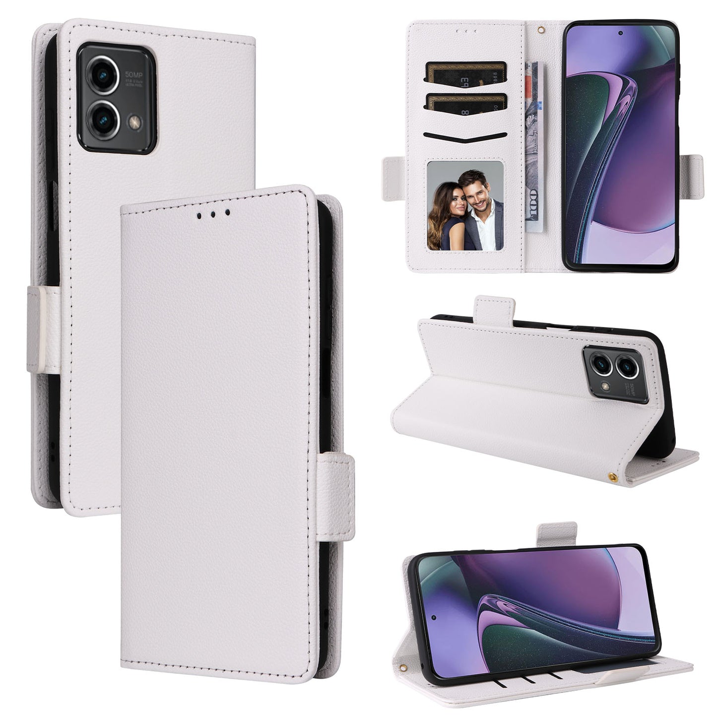 Phone Case for Motorola Moto G Stylus (2023) Litchi Texture PU Leather Wallet Stand Cover - White
