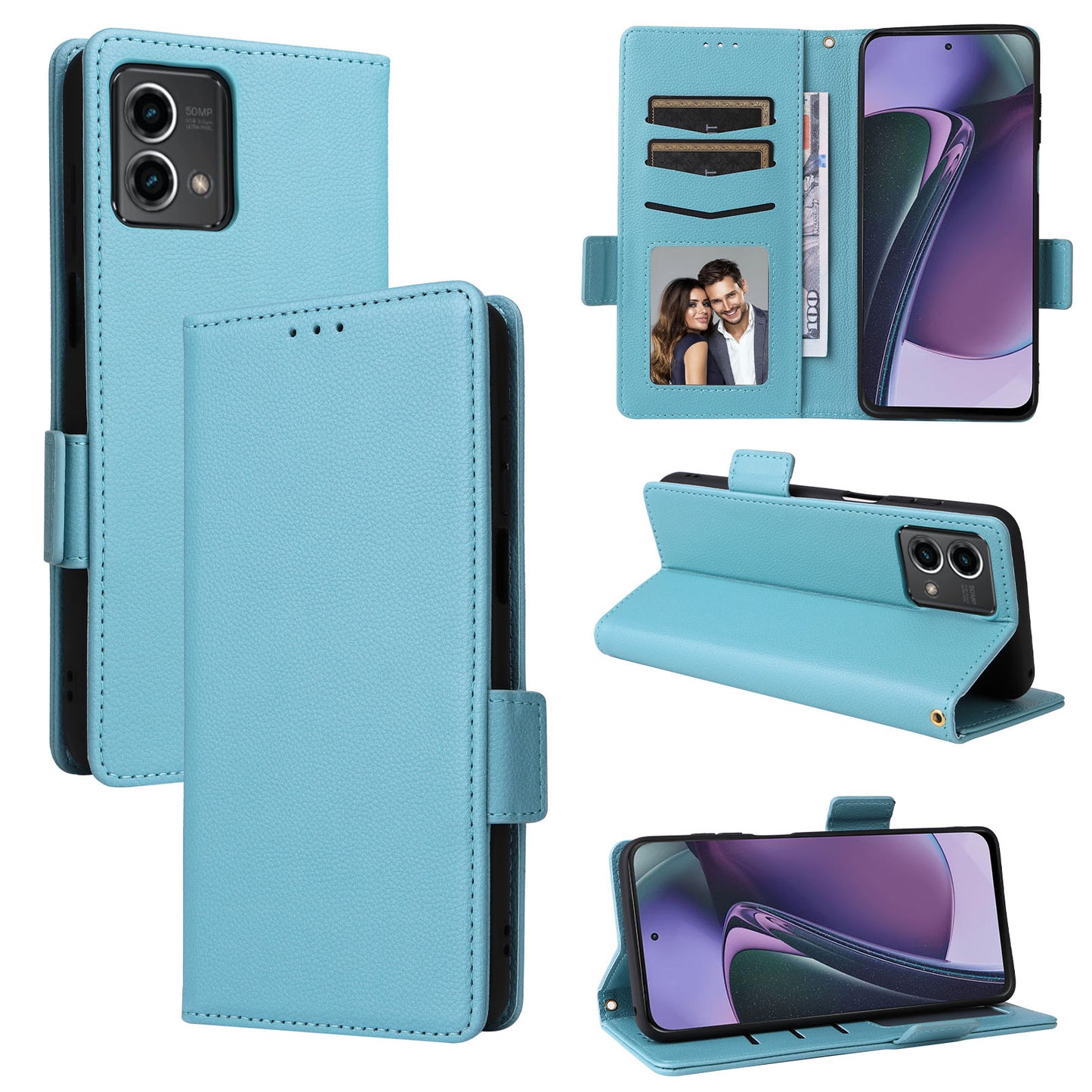 Phone Case for Motorola Moto G Stylus (2023) Litchi Texture PU Leather Wallet Stand Cover - Baby Blue