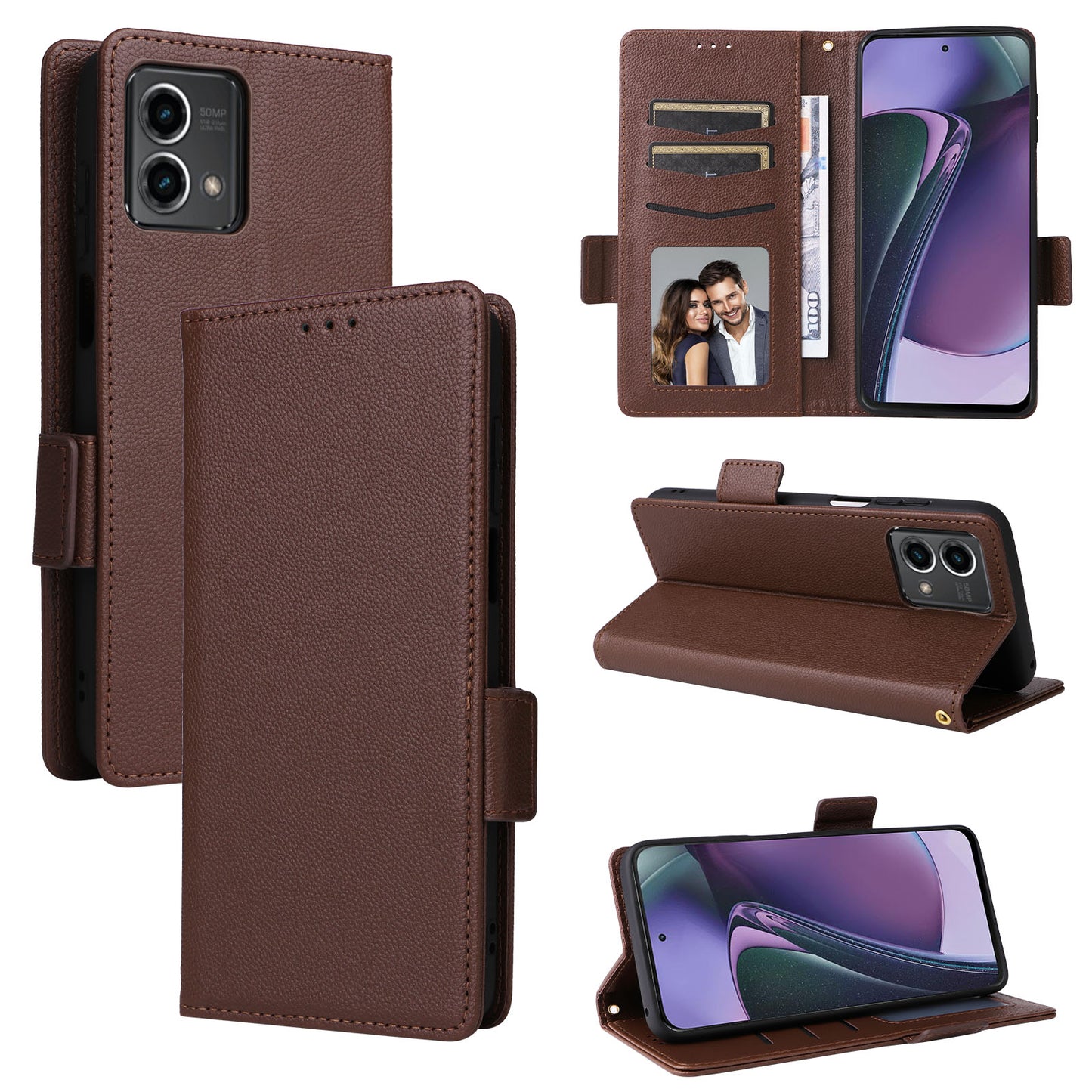 Phone Case for Motorola Moto G Stylus (2023) Litchi Texture PU Leather Wallet Stand Cover - Brown