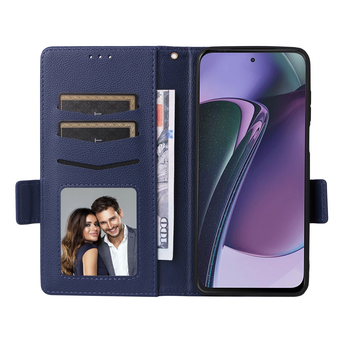 Phone Case for Motorola Moto G Stylus (2023) Litchi Texture PU Leather Wallet Stand Cover - Dark Blue