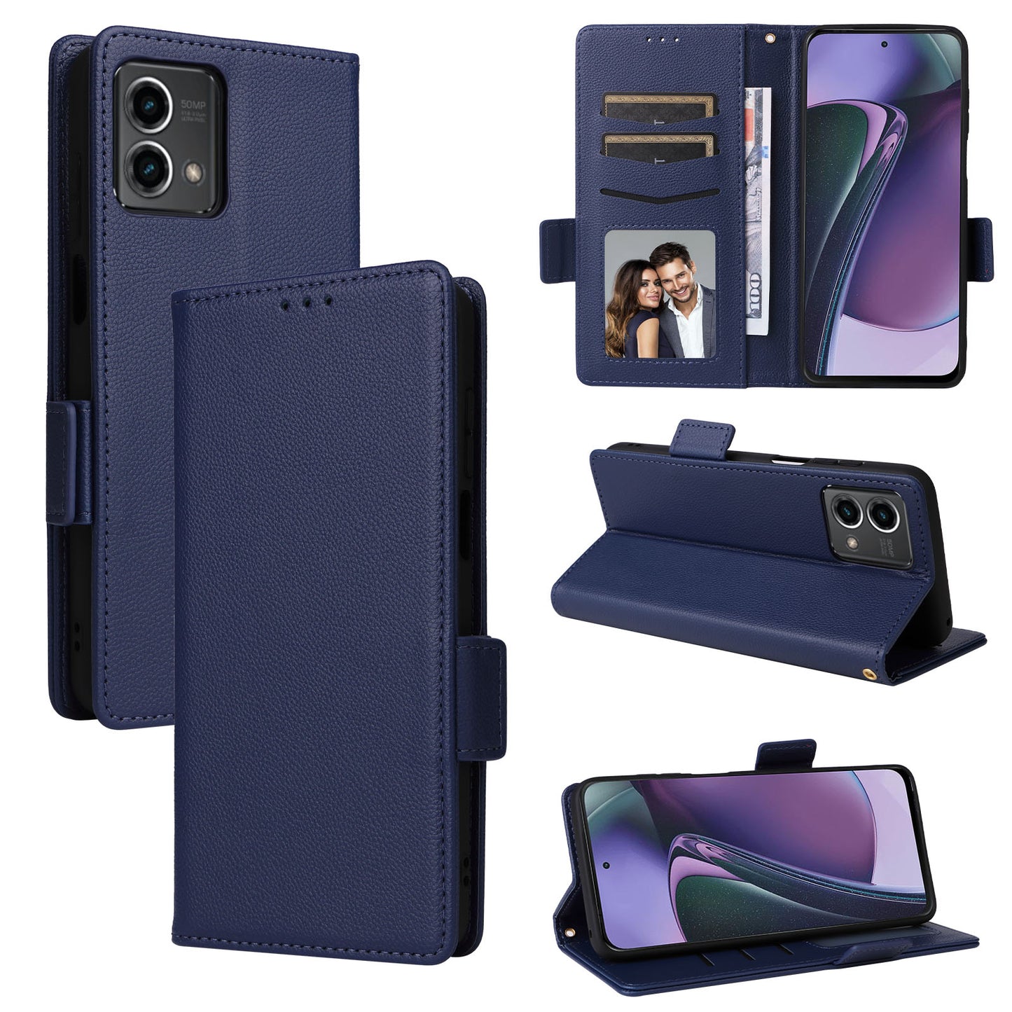 Phone Case for Motorola Moto G Stylus (2023) Litchi Texture PU Leather Wallet Stand Cover - Dark Blue