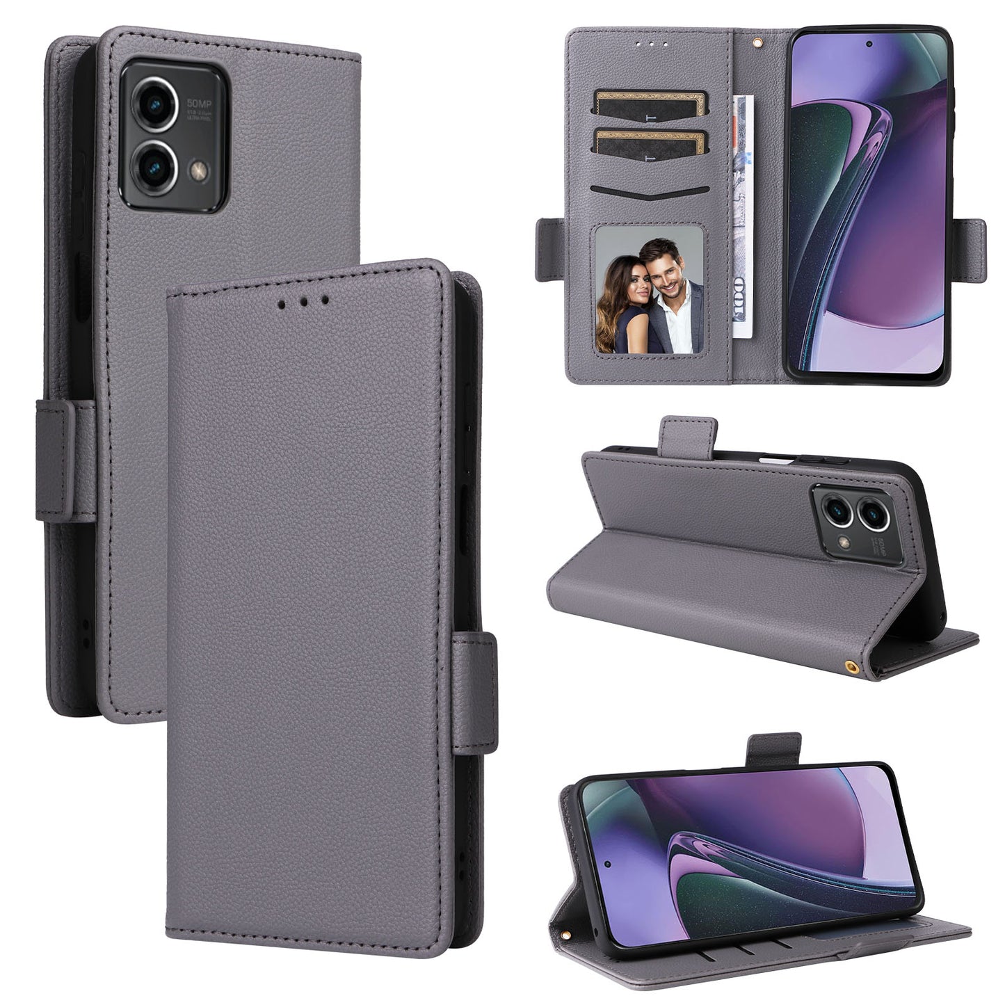 Phone Case for Motorola Moto G Stylus (2023) Litchi Texture PU Leather Wallet Stand Cover - Grey