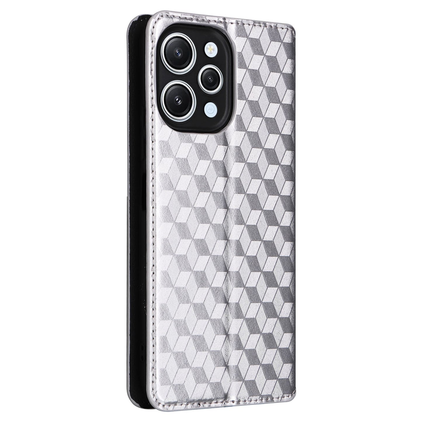 Flip Stand Phone Case for Xiaomi Redmi 12 4G Rhombus Imprinted PU Leather Wallet Cover - Silver