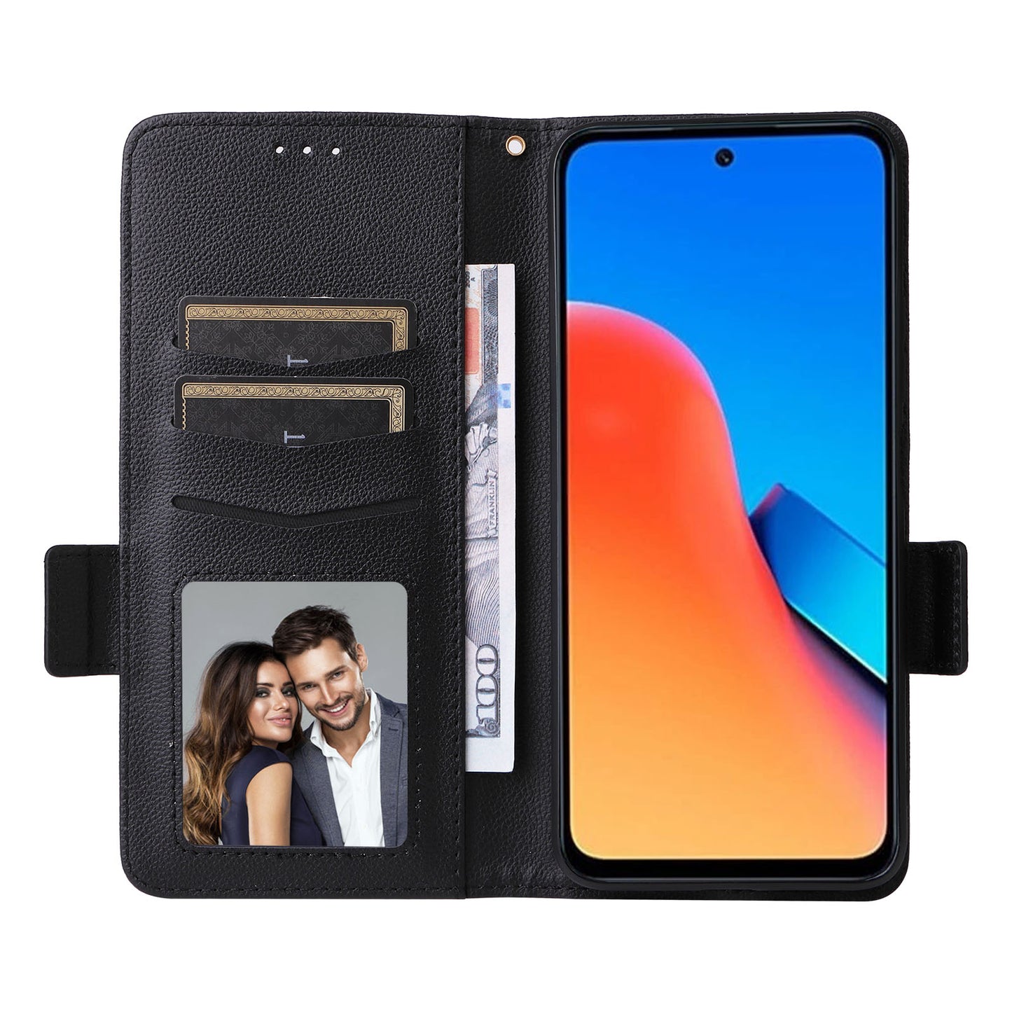 Uniqkart for Xiaomi Redmi 12 4G Litchi Texture Stand Phone Case Anti-fall PU Leather Wallet Cover - Black