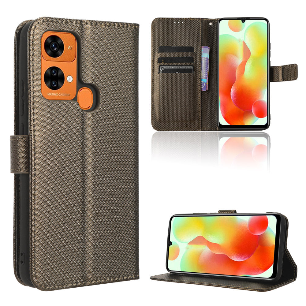 Uniqkart for Oukitel C33 PU Leather Wallet Phone Case Diamond Texture Stand Cover - Brown