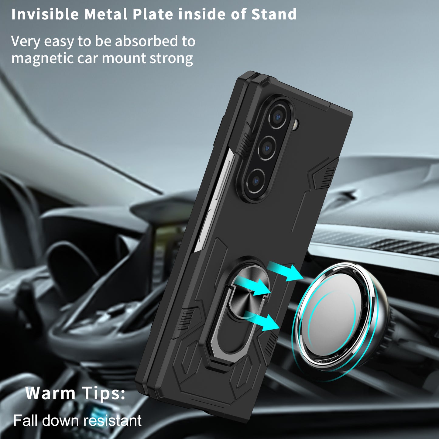 Uniqkart for Samsung Galaxy Z Fold5 5G Ring Kickstand Phone Case Hard PC Anti-drop Cover Support Magnetic Car Mount - Black