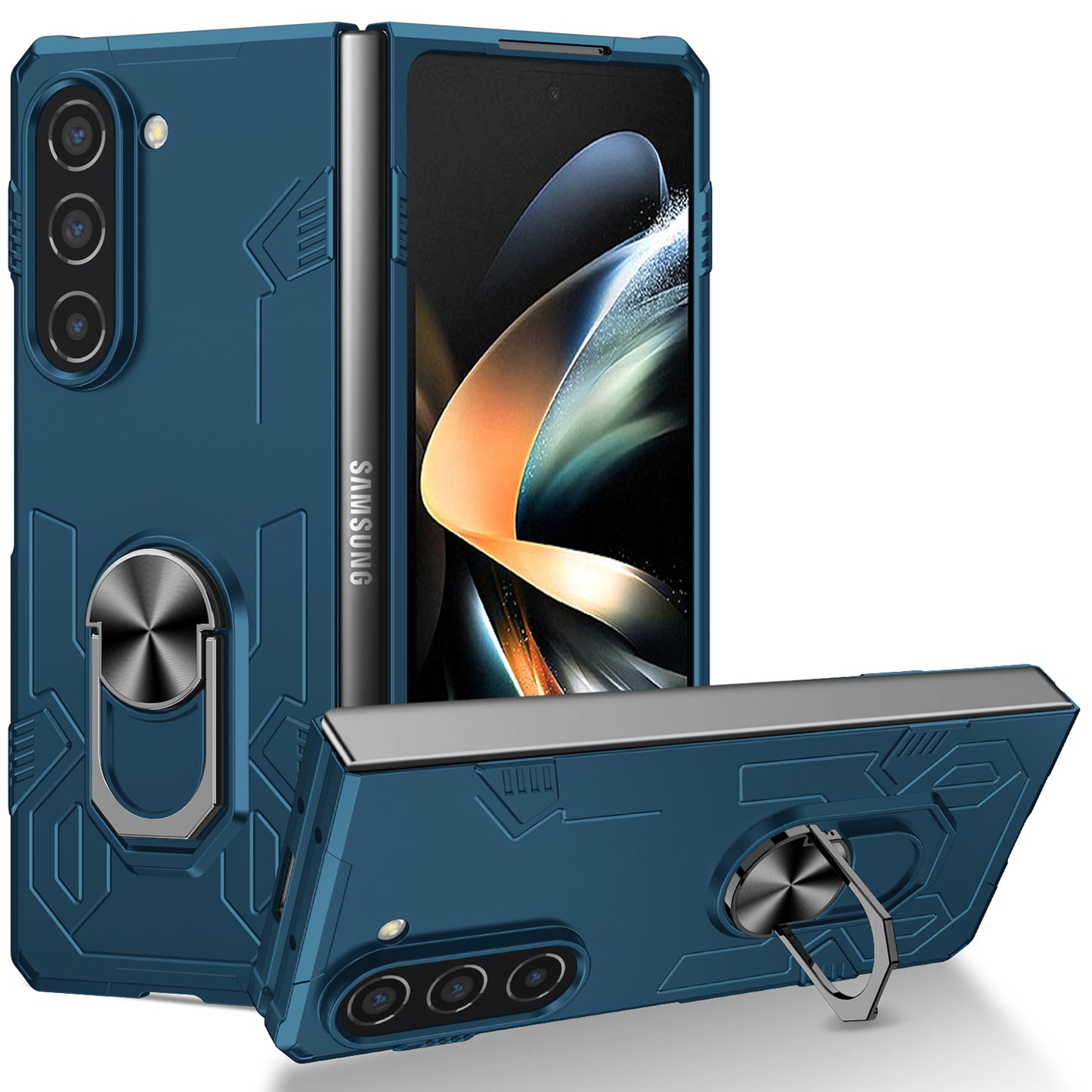 Uniqkart for Samsung Galaxy Z Fold5 5G Ring Kickstand Phone Case Hard PC Anti-drop Cover Support Magnetic Car Mount - Blue