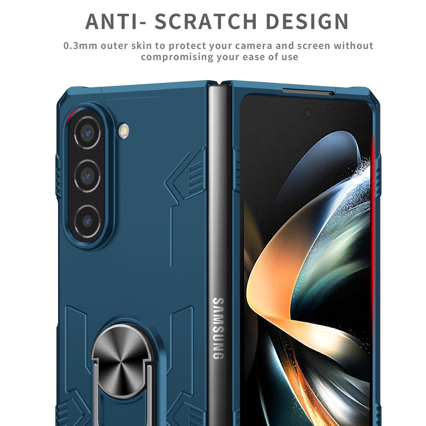 Uniqkart for Samsung Galaxy Z Fold5 5G Ring Kickstand Phone Case Hard PC Anti-drop Cover Support Magnetic Car Mount - Blue