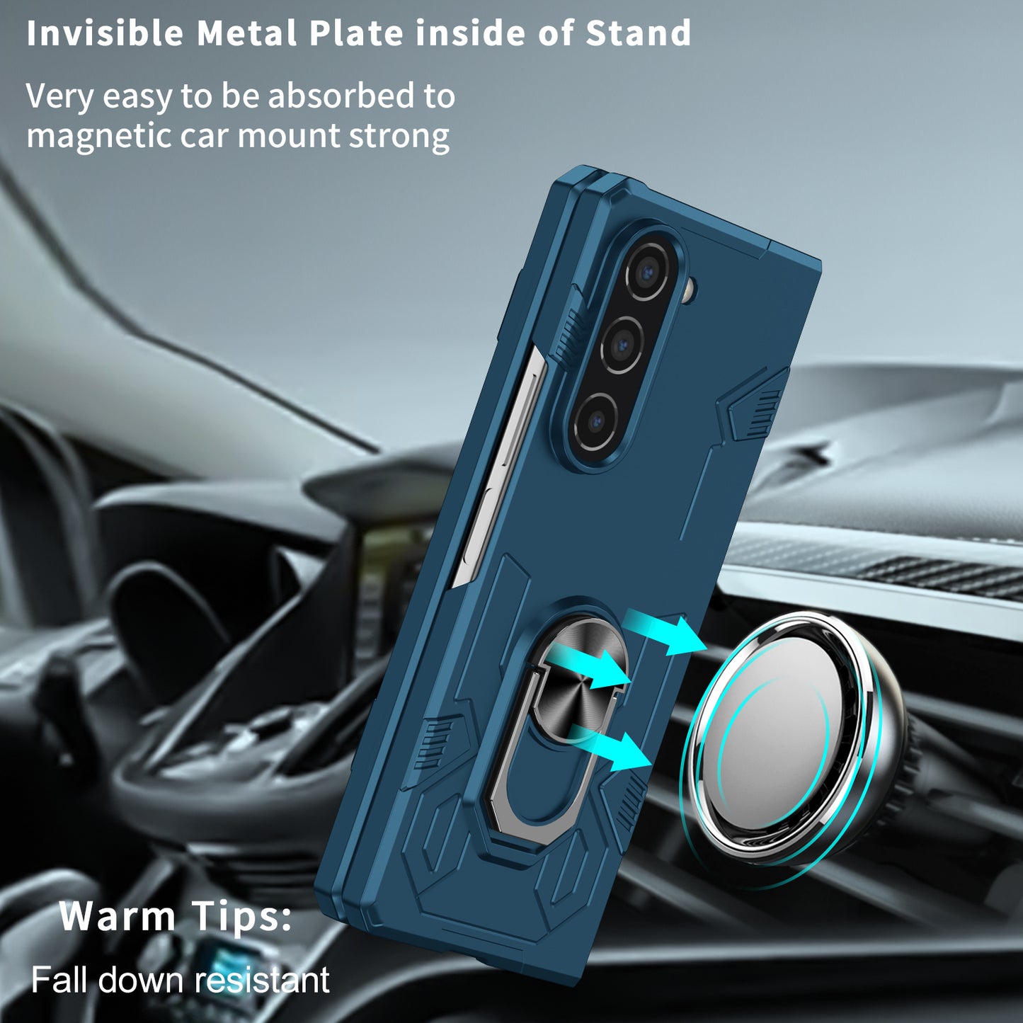Uniqkart for Samsung Galaxy Z Fold5 5G Ring Kickstand Phone Case Hard PC Anti-drop Cover Support Magnetic Car Mount - Blue