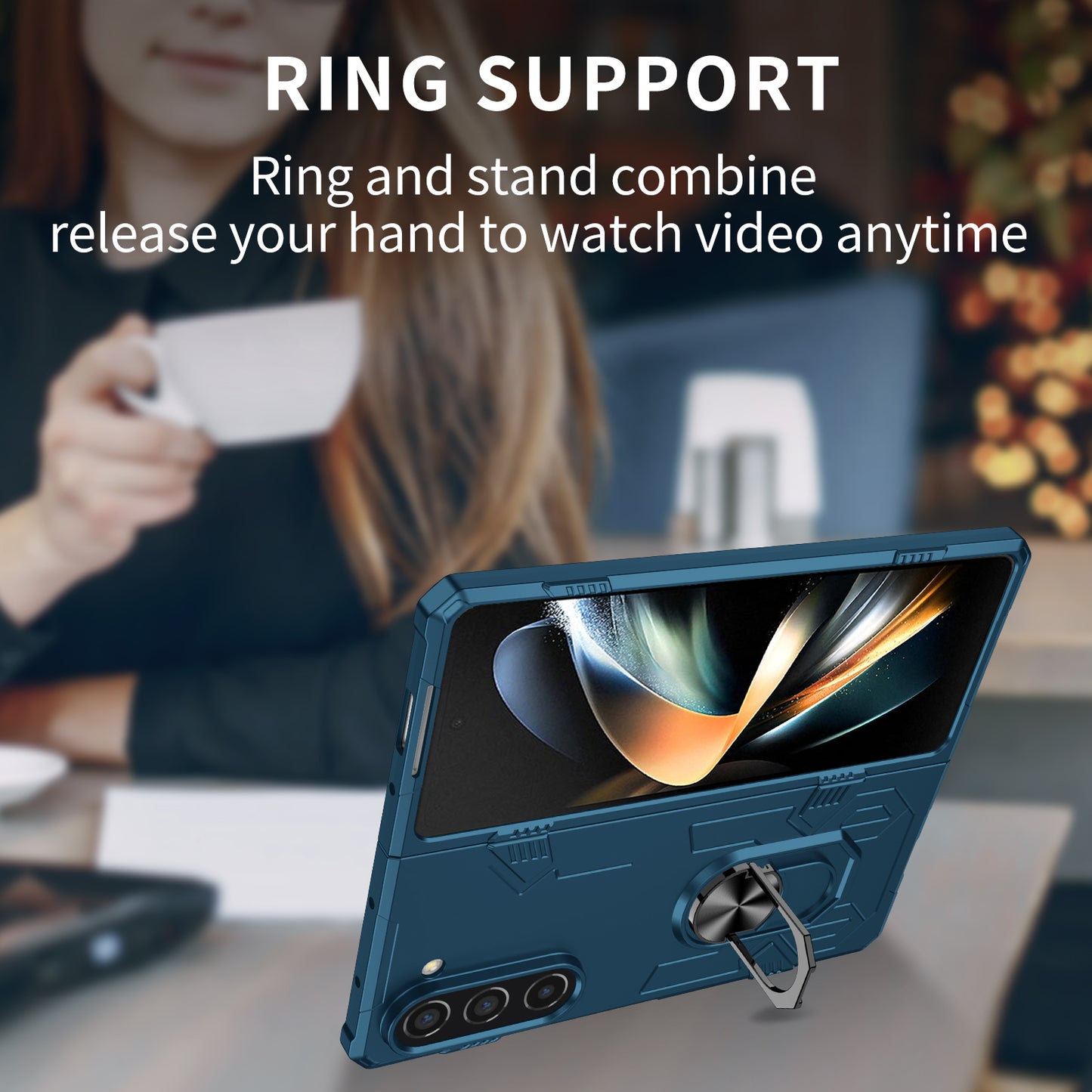 Uniqkart for Samsung Galaxy Z Fold5 5G Ring Kickstand Phone Case Hard PC Anti-drop Cover Support Magnetic Car Mount - Blue