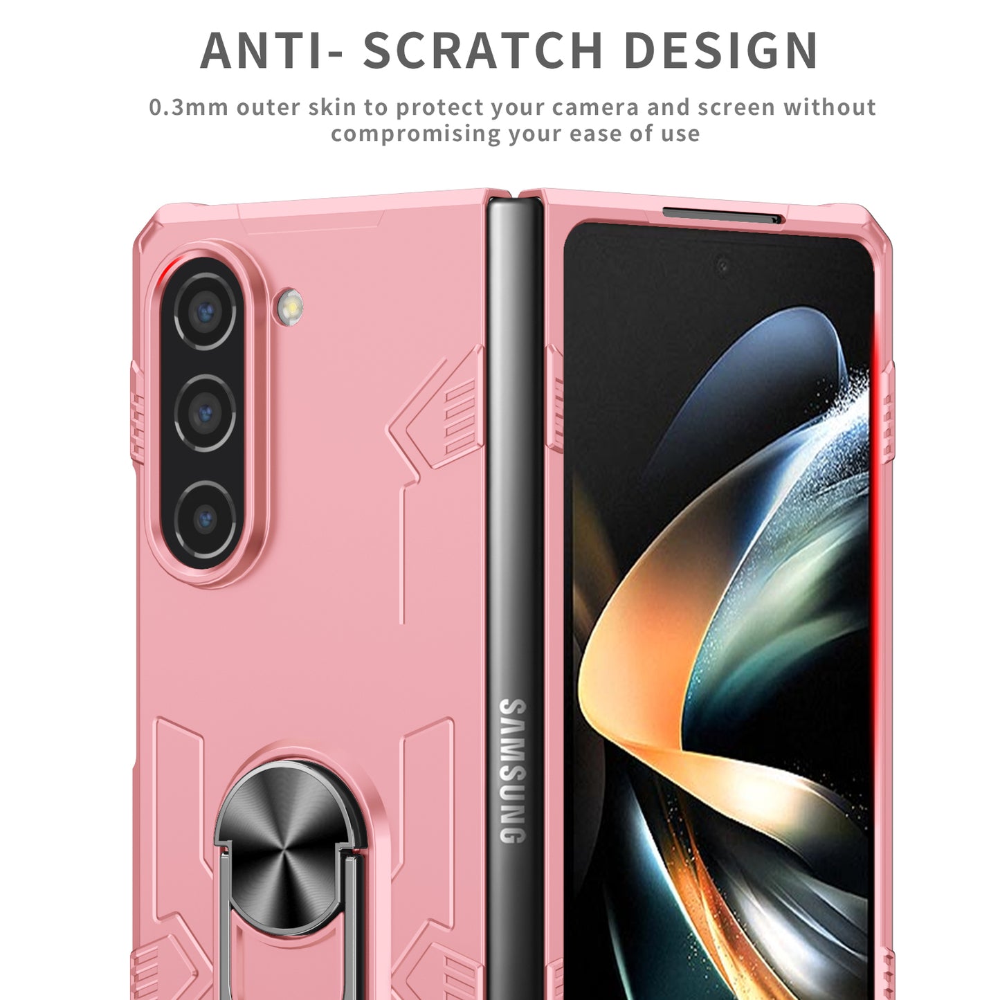 Uniqkart for Samsung Galaxy Z Fold5 5G Ring Kickstand Phone Case Hard PC Anti-drop Cover Support Magnetic Car Mount - Pink