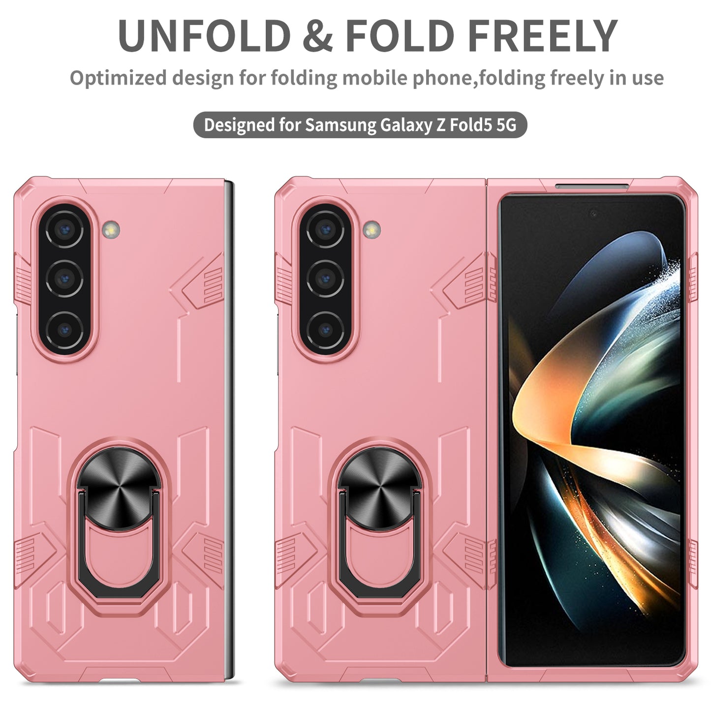 Uniqkart for Samsung Galaxy Z Fold5 5G Ring Kickstand Phone Case Hard PC Anti-drop Cover Support Magnetic Car Mount - Pink