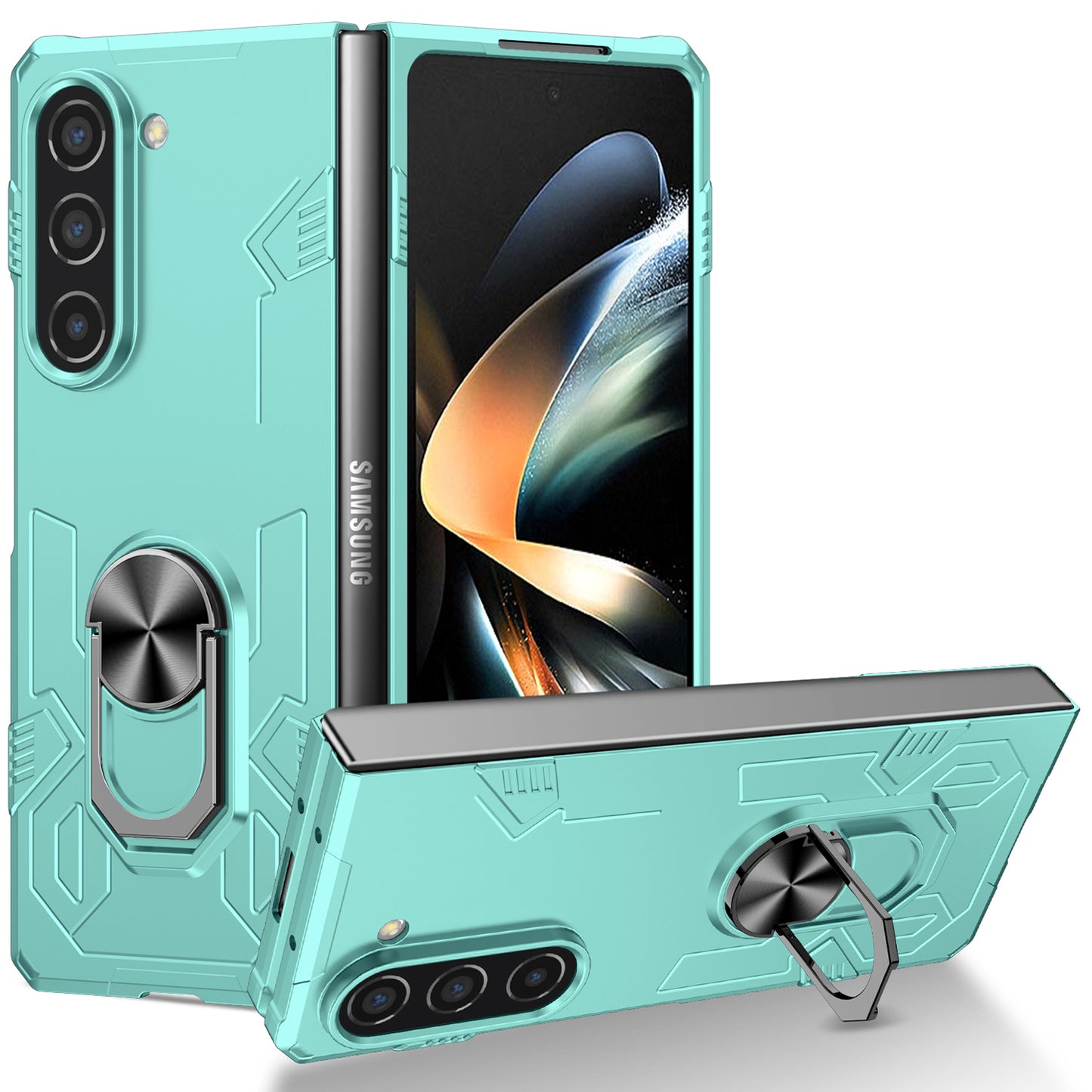 Uniqkart for Samsung Galaxy Z Fold5 5G Ring Kickstand Phone Case Hard PC Anti-drop Cover Support Magnetic Car Mount - Green