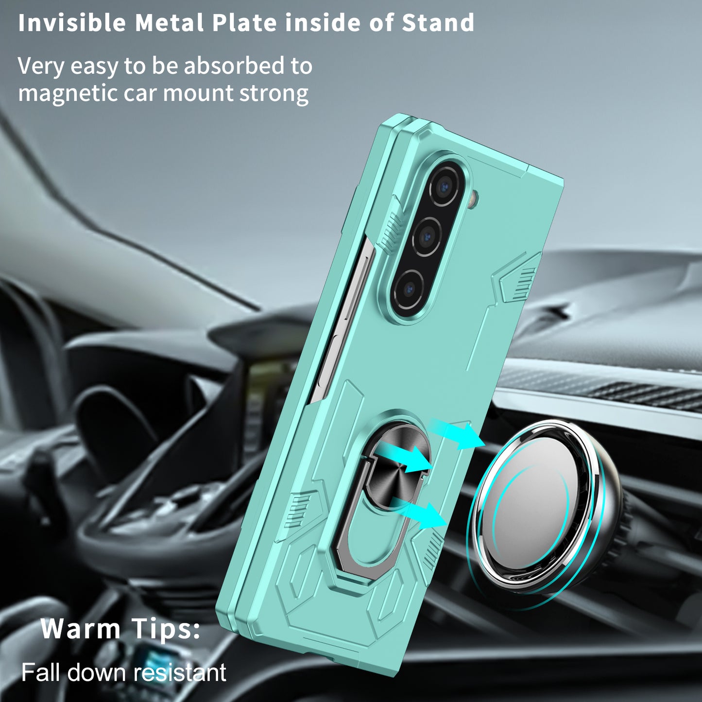 Uniqkart for Samsung Galaxy Z Fold5 5G Ring Kickstand Phone Case Hard PC Anti-drop Cover Support Magnetic Car Mount - Green