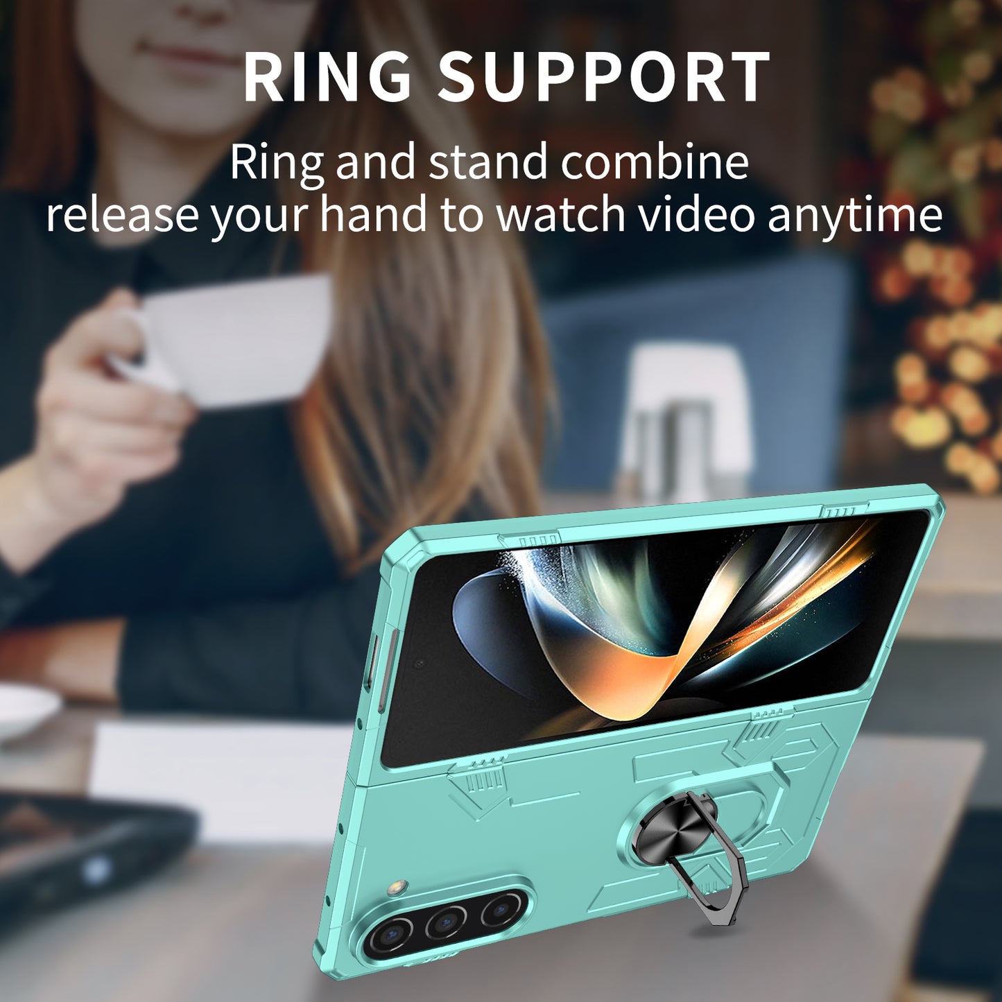 Uniqkart for Samsung Galaxy Z Fold5 5G Ring Kickstand Phone Case Hard PC Anti-drop Cover Support Magnetic Car Mount - Green