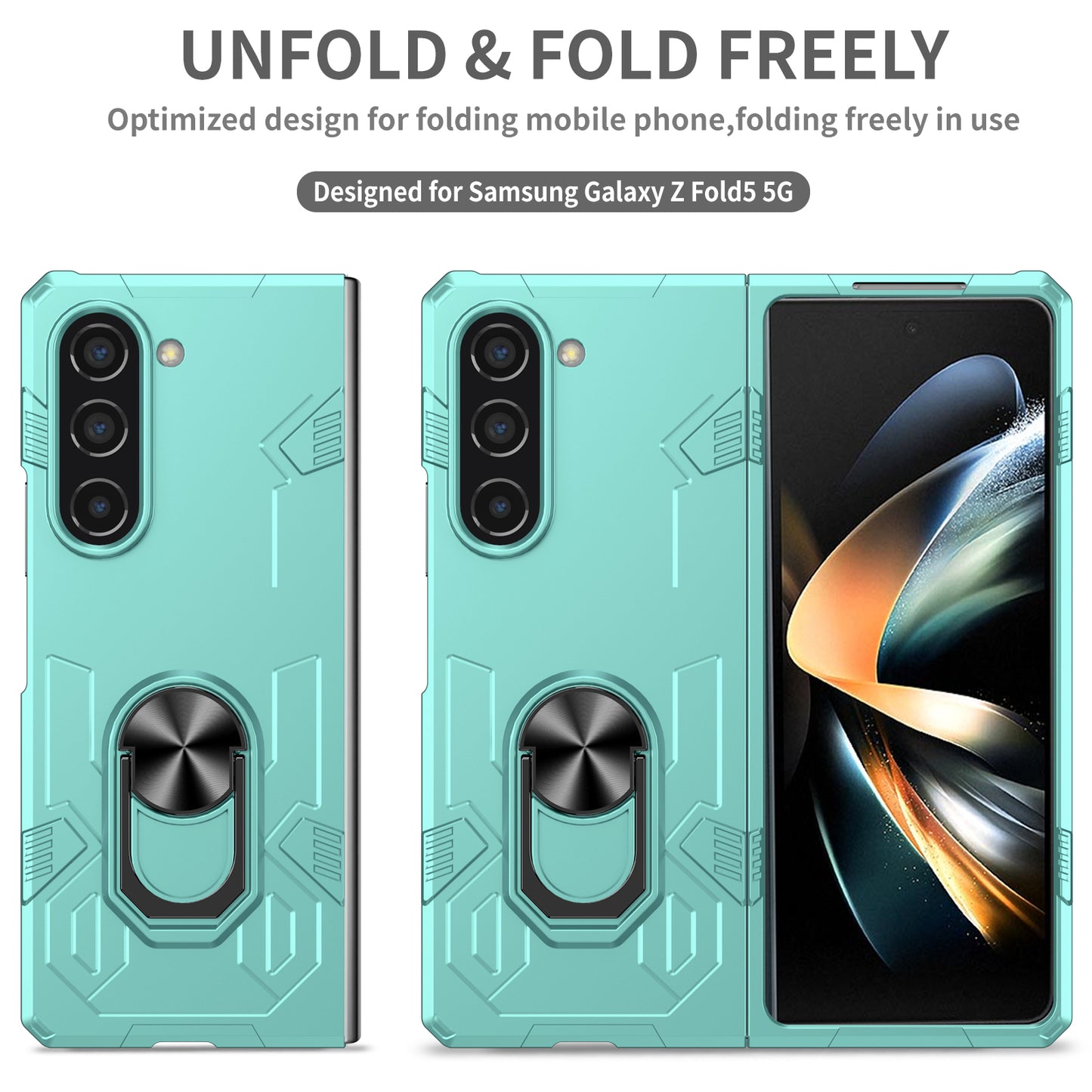 Uniqkart for Samsung Galaxy Z Fold5 5G Ring Kickstand Phone Case Hard PC Anti-drop Cover Support Magnetic Car Mount - Green