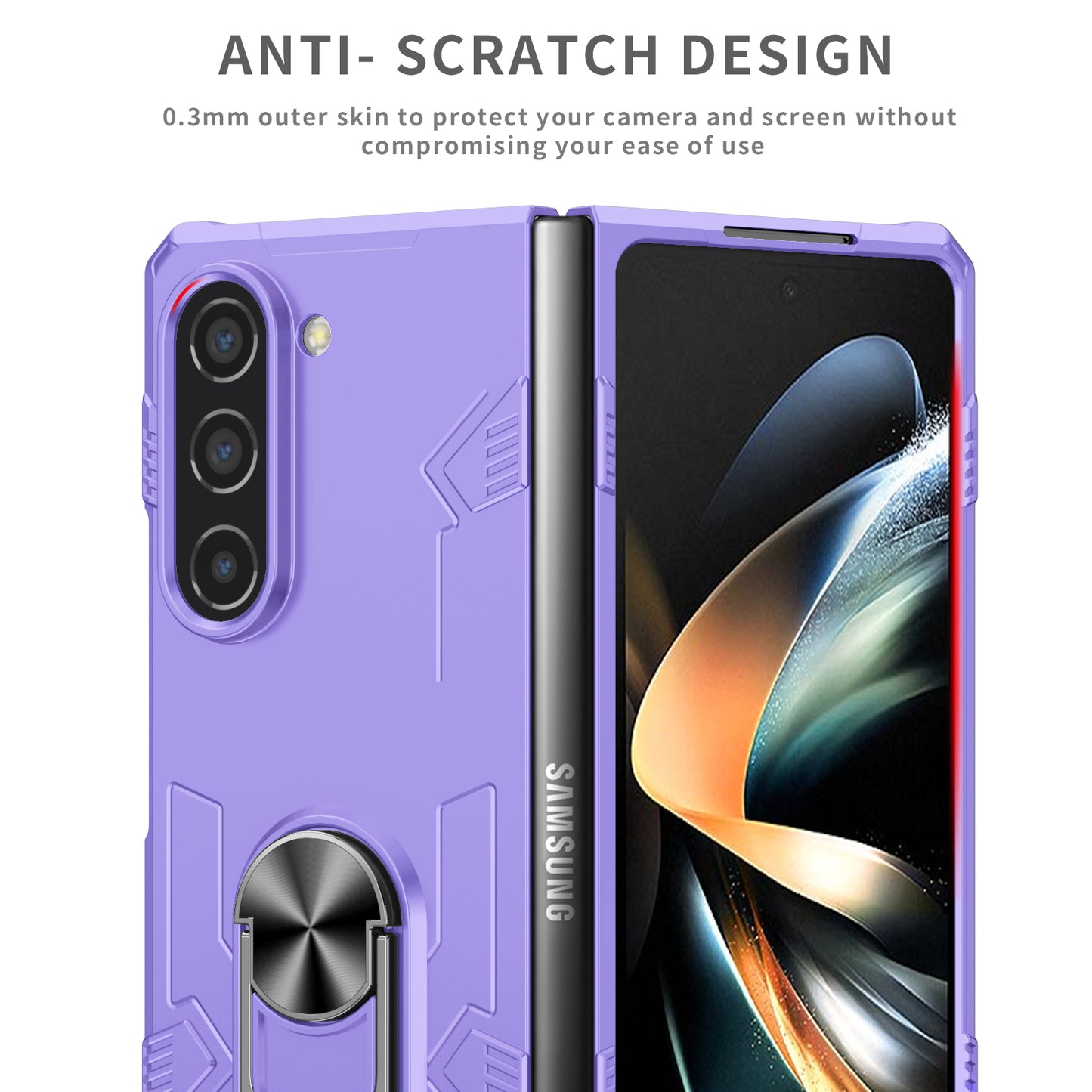 Uniqkart for Samsung Galaxy Z Fold5 5G Ring Kickstand Phone Case Hard PC Anti-drop Cover Support Magnetic Car Mount - Purple